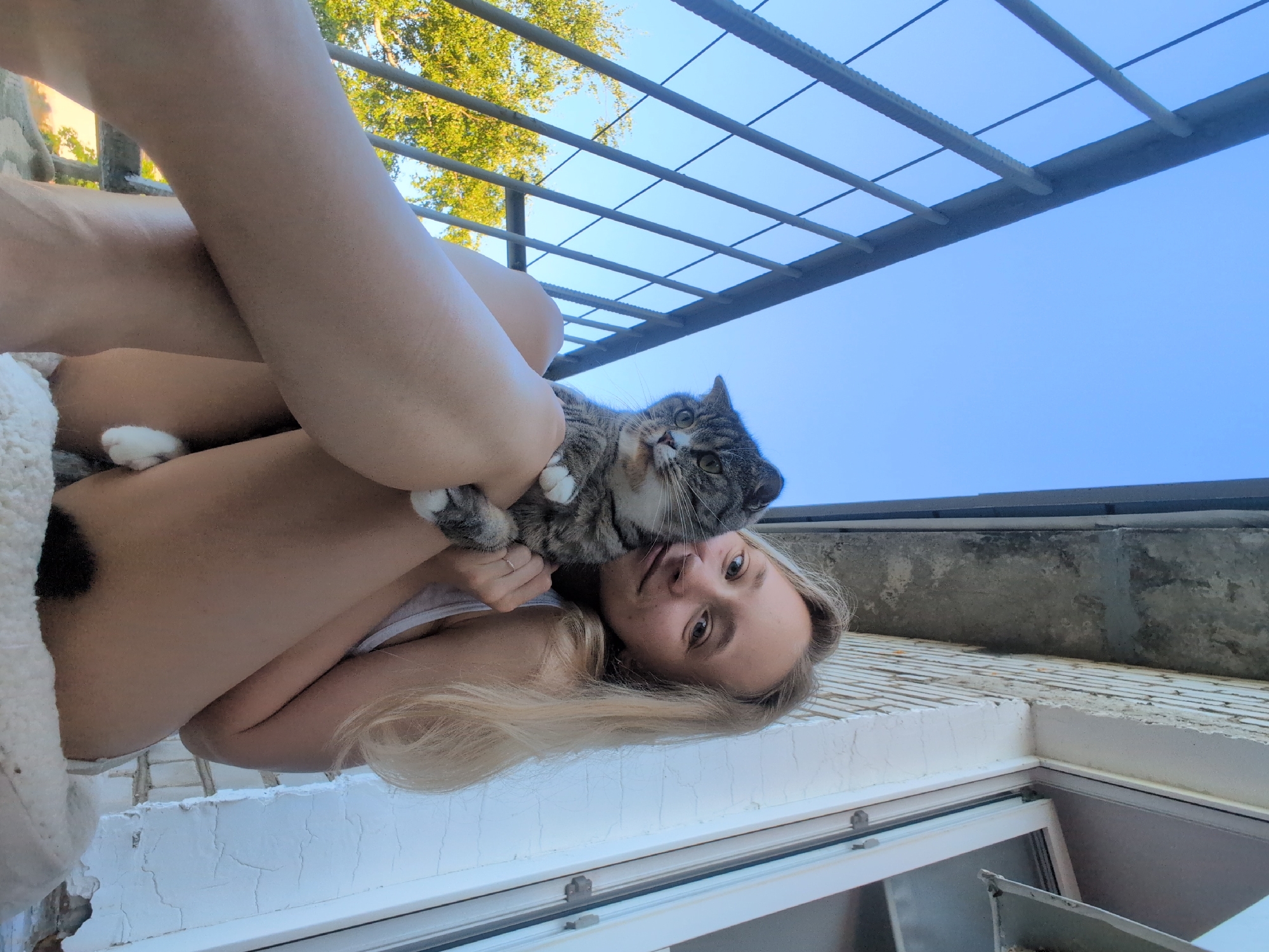 The media file is a selfie taken outdoors on a sunny day, likely in the late afternoon or early evening given the warm light. A young woman with long blonde hair and fair skin is the primary subject. She is wearing a white tank top and is holding a tabby cat in her arms. The cat has grey and brown stripes and white paws. The woman appears relaxed and is looking directly at the camera with a slight smile. Her legs are visible, bent at the knees, and she is wearing a ring on her left hand.
The setting appears to be a balcony or a similar elevated outdoor space, with a metal railing overhead and a brick wall to the right. Green foliage from a tree is visible above and behind the woman, suggesting a somewhat urban or suburban environment. The sky is a clear, bright blue. A window frame is visible in the lower part of the image. The overall mood is casual and intimate, highlighting the bond between the woman and her pet. There is no visible text in the image. The location context provided places this scene in Veliky Novgorod, Russia.