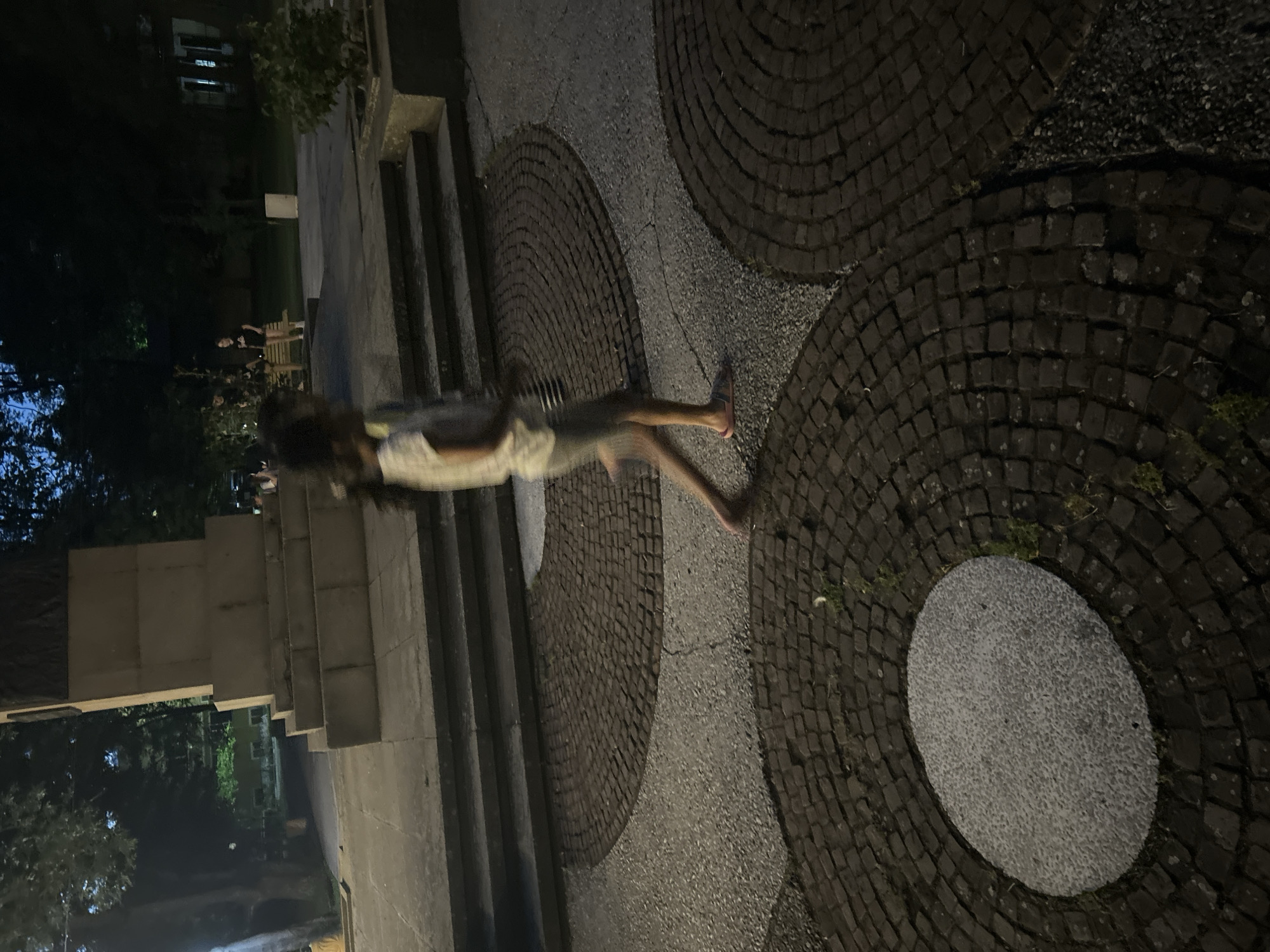 A child, blurred due to motion, walks across a paved area featuring concentric circles of dark cobblestones and lighter, pebble-like inlays. The child wears a light-colored t-shirt and shorts, with pink flip-flops on their feet. In the background, a large, stone monument stands prominently, flanked by stairs. Beyond the monument, trees obscure the view of buildings, with a few streetlights illuminating the dimly lit environment. The scene appears to be a public space, possibly a park or square, in the city of Parvomay, Bulgaria, given the context of its potential location.
