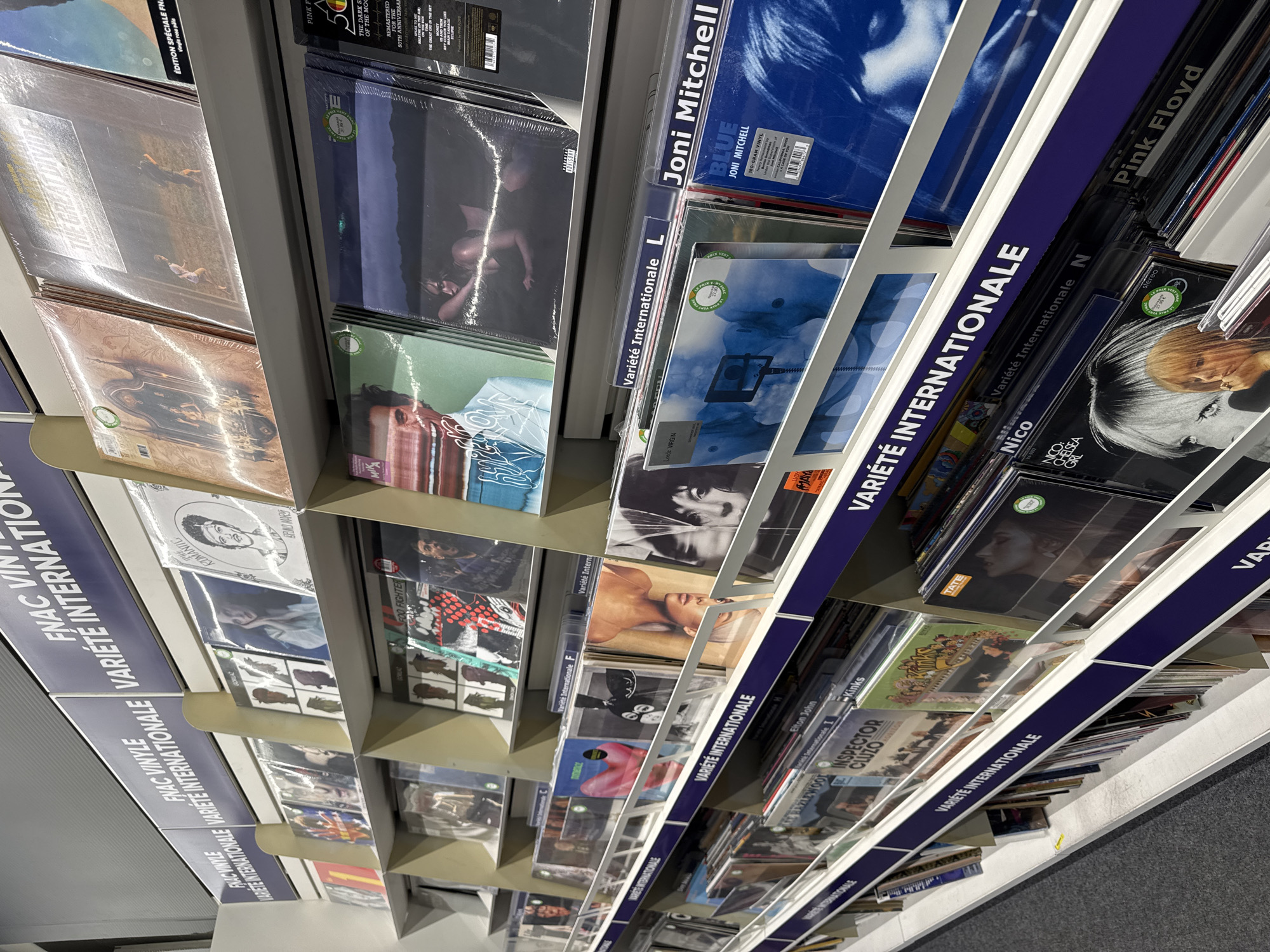 This image shows a selection of vinyl records displayed in a store. The records are categorized under "Variété Internationale," a French phrase that translates to "International Variety." The records are organized on shelves with dividers displaying artist and album titles. Visible artists include Pink Floyd, Joni Mitchell, Nico, Elton John, Foo Fighters, and Kinks. The image also features a label stating "FNAC Vinyle." Given the information within the OCR text, this image was very likely taken at the Fnac store located in Villebon-sur-Yvette, France.