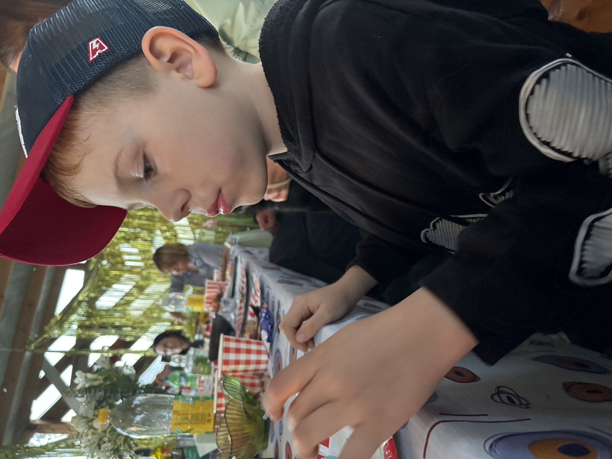 The image captures a casual outdoor gathering in Rozhdestveno, Russia. A young male, estimated to be between 6 and 10 years old, is the primary subject, positioned in the foreground and center-left, viewed in left profile. He has fair skin and light reddish-brown hair, visible beneath a dark blue trucker-style baseball cap featuring a red brim. A white and red logo, resembling a stylized letter or symbol, is affixed to the right mesh panel of the cap. His lips are slightly parted, revealing a subtle pink hue. He is wearing a black hooded sweatshirt with visible drawstrings and light gray ribbed patches on the lower outer sleeves. His hands are resting on a white tablecloth adorned with blue and brown concentric circle patterns. The left hand, closer to the viewer, is open with fingers lightly splayed.
On the table in front of him are several red and white checkered paper cups, a dark green glass bowl with a textured, possibly leaf-like design, and a blue and silver wrapper, likely for a confection or snack. Other items further back on the table include clear plastic bottles with yellow labels, a white floral arrangement in a clear vase, green beverage bottles, and a black serving dish.
In the blurred mid-ground, multiple individuals are seated at the same table. One woman with dark hair is visible to the left, and another person with lighter hair is partially discernible to the right, both facing towards the table's center. The gathering is situated under a covered outdoor structure, possibly a patio or gazebo, characterized by visible wooden beams forming a criss-cross pattern against a bright overhead light source, suggesting natural daylight. Green, reflective, tinsel-like garlands or streamers are suspended from the overhead structure, creating a festive ambiance.