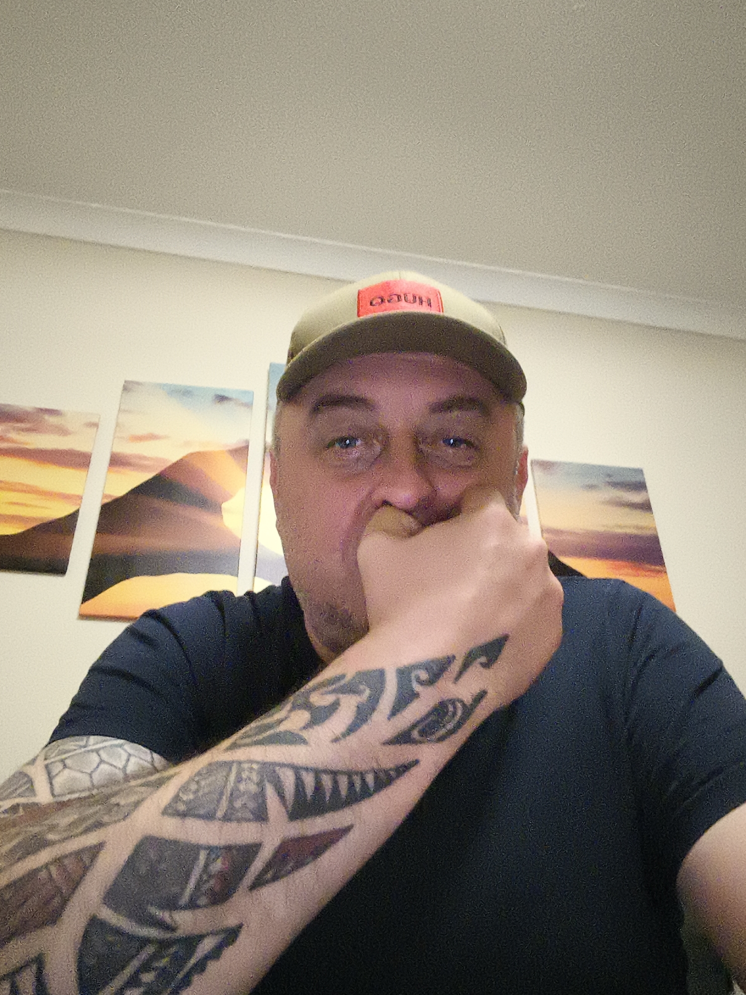 A man, appearing to be middle-aged, is the primary subject of this indoor portrait, captured from a slightly low angle. He has short hair and is wearing a khaki-colored baseball cap backward, which features red, mirrored text that spells "HUGO". He is also wearing a dark, possibly navy or black, short-sleeved t-shirt.
Both of the man's forearms are heavily tattooed with intricate black ink designs, appearing to be in a tribal or Polynesian style. His right hand is raised to his face, with fingers gently touching his chin and mouth area, creating a contemplative or casual pose. He looks directly into the camera with a neutral expression, his eyes open and reflecting light.
Behind the man, mounted on a plain, light-colored wall, is a large piece of art comprising four vertical panels. These panels combine to form a panoramic landscape image depicting a sunset or sunrise over a dark mountain or dune silhouette, with a sky transitioning through warm orange, yellow, and cool blue tones. The ceiling, which is light-colored and textured, is visible in the upper part of the frame. The overall lighting in the room appears to be artificial and diffused, and the image exhibits some graininess.