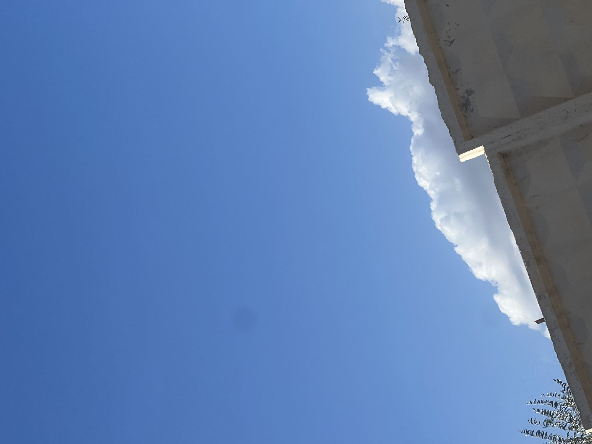 The image depicts a bright, clear blue sky occupying most of the frame. In the lower right quadrant, a portion of a light-colored, concrete wall is visible. The wall appears aged, with some chipped paint and rough edges. A thin, light-colored band runs along the top of the wall. Partially obscuring the sky above the wall are fluffy, white cumulus clouds. To the left of the wall, a sparse, leafy tree is visible. The scene appears to be outdoors, with a focus on the sky and a man-made structure. The time of day appears to be daytime, given the brightness of the sky and the presence of clouds. There are no people or overt signs of activity in the image. The image does not contain any identifiable landmarks or contextual clues that would specifically place it in Chinarkent, Uzbekistan.