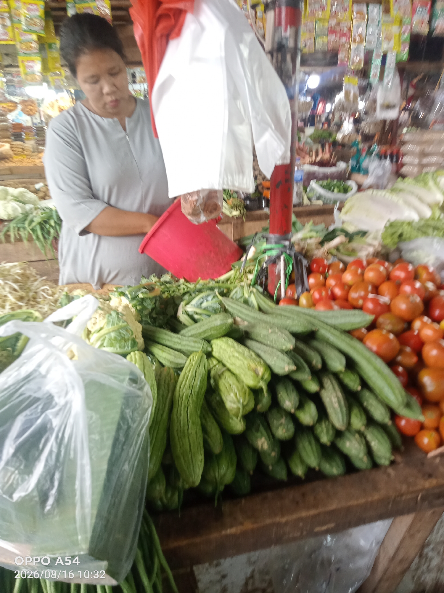 A woman in a grey shirt stands behind a market stall filled with various vegetables in Jambi, Indonesia. She appears to be looking down at the produce. In front of her, a pile of green gourds, possibly bitter melons, dominates the foreground, with tomatoes and other vegetables like cauliflower and long beans also visible. A red bucket is placed on the stall, and a white plastic bag is partially obscuring some of the vegetables. In the background, shelves are stocked with packaged goods. The timestamp "OPPO A54 2026/08/16 10:32" is visible in the lower left corner of the image.