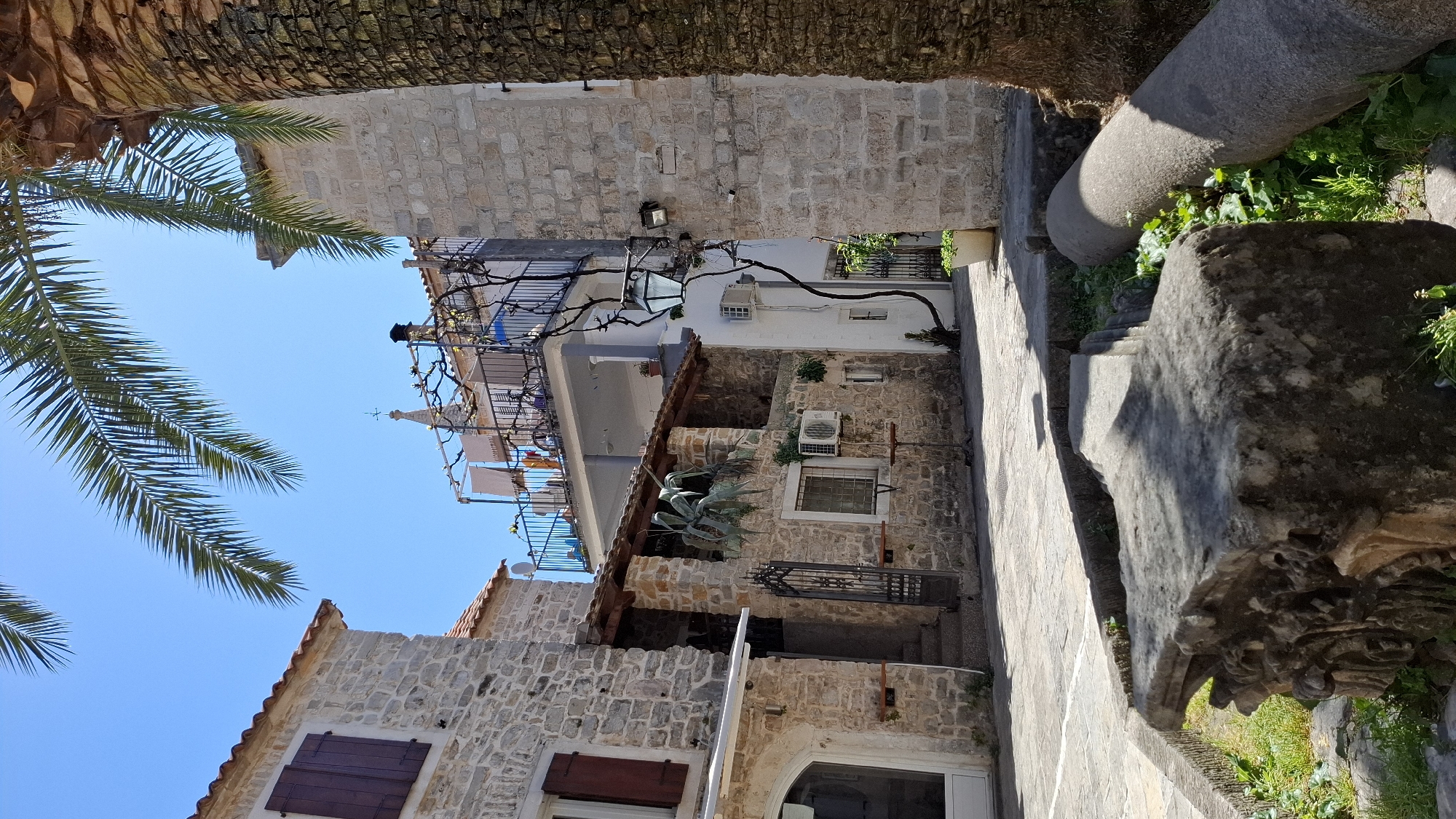 A sunlit, narrow street scene in Budva, Montenegro, features historic stone buildings on either side. On the left, a palm tree with fronds reaching towards the clear blue sky partially obscures the view. The buildings showcase traditional architecture with stone walls, tiled roofs, wooden shutters, and ornate balconies. One building is painted white. Air conditioning units are mounted on the walls. A winding, bare tree branch extends across the buildings. On the right, weathered stone ruins, possibly remnants of a column, lie alongside the cobblestone pathway. Greenery sprouts between the stones. The overall impression is a blend of ancient and contemporary elements within a Mediterranean setting.