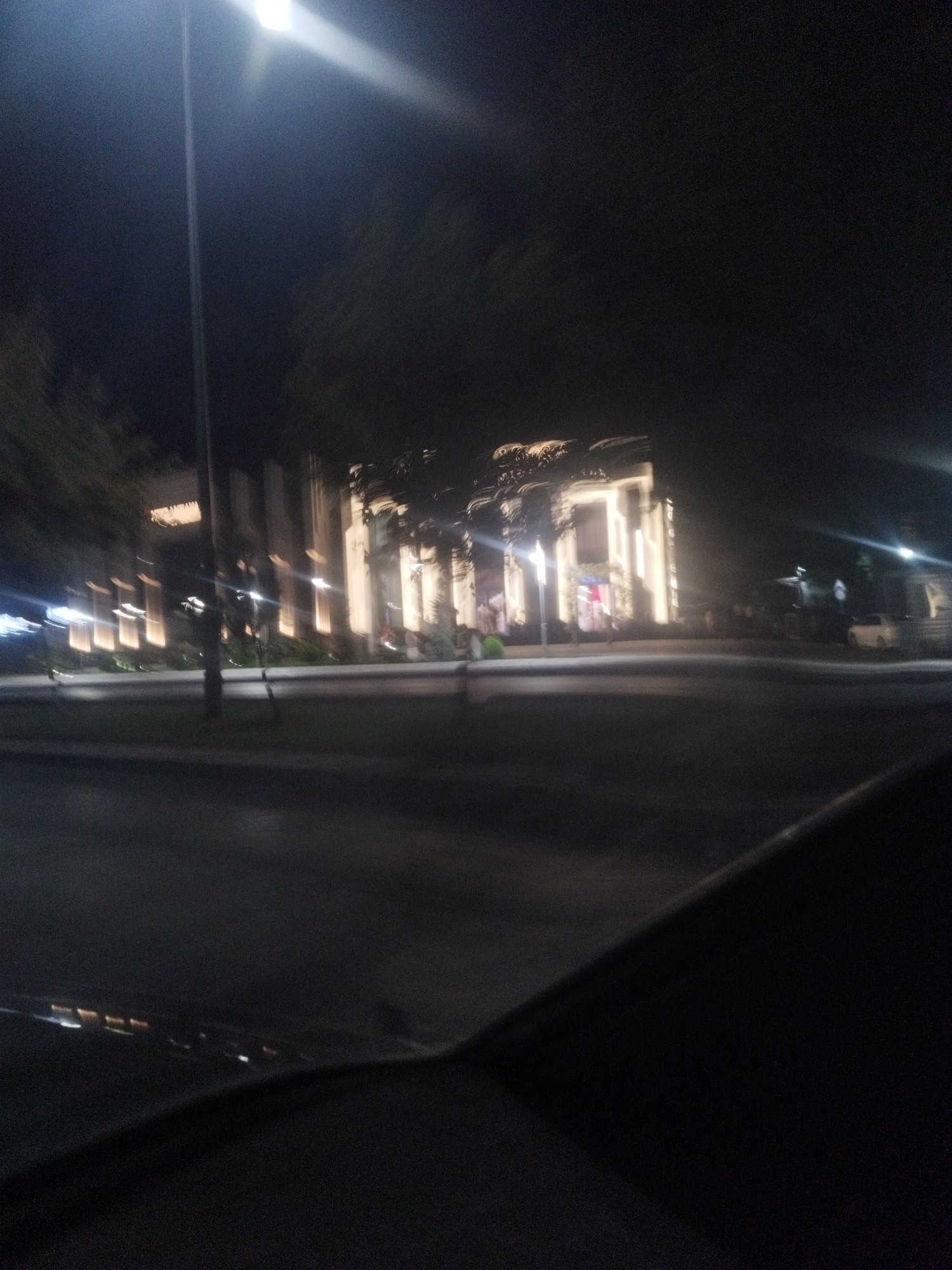 The image depicts a blurry night scene, likely captured from a moving vehicle, showing a building illuminated with warm lights. The building appears to have a classical architectural style with prominent columns. In front of the building, there is a street or road with some vegetation and streetlights. The overall impression is that of a commercial or public building at night, with the city lights creating a soft glow in the darkness. It's difficult to ascertain the exact location or specific details due to the motion blur and low light conditions. The image does not provide enough clarity to identify any specific landmarks or individuals within the city of Shymkent, Kazakhstan.