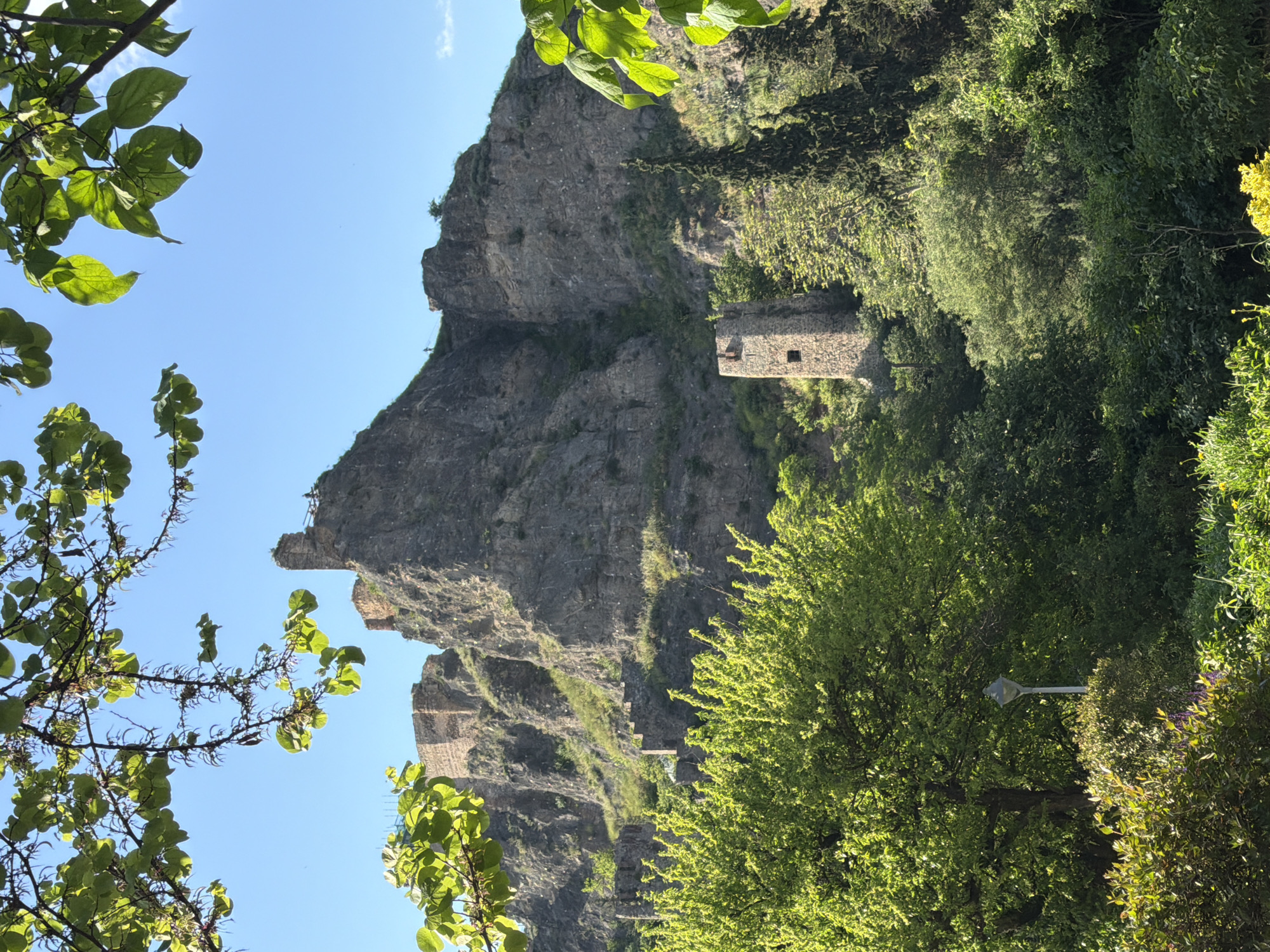 The image depicts a rocky, steep mountainside in Tbilisi, Georgia, partially framed by leafy trees on the left and right. Remnants of structures, including a stone tower and sections of walls, cling to the mountain, suggesting historical fortifications. The sky is blue, indicating daylight, and the vegetation is lush, implying a moderate climate. A streetlight pole can be seen partially obscured by the trees at the bottom right. There are no people visible in the shot.