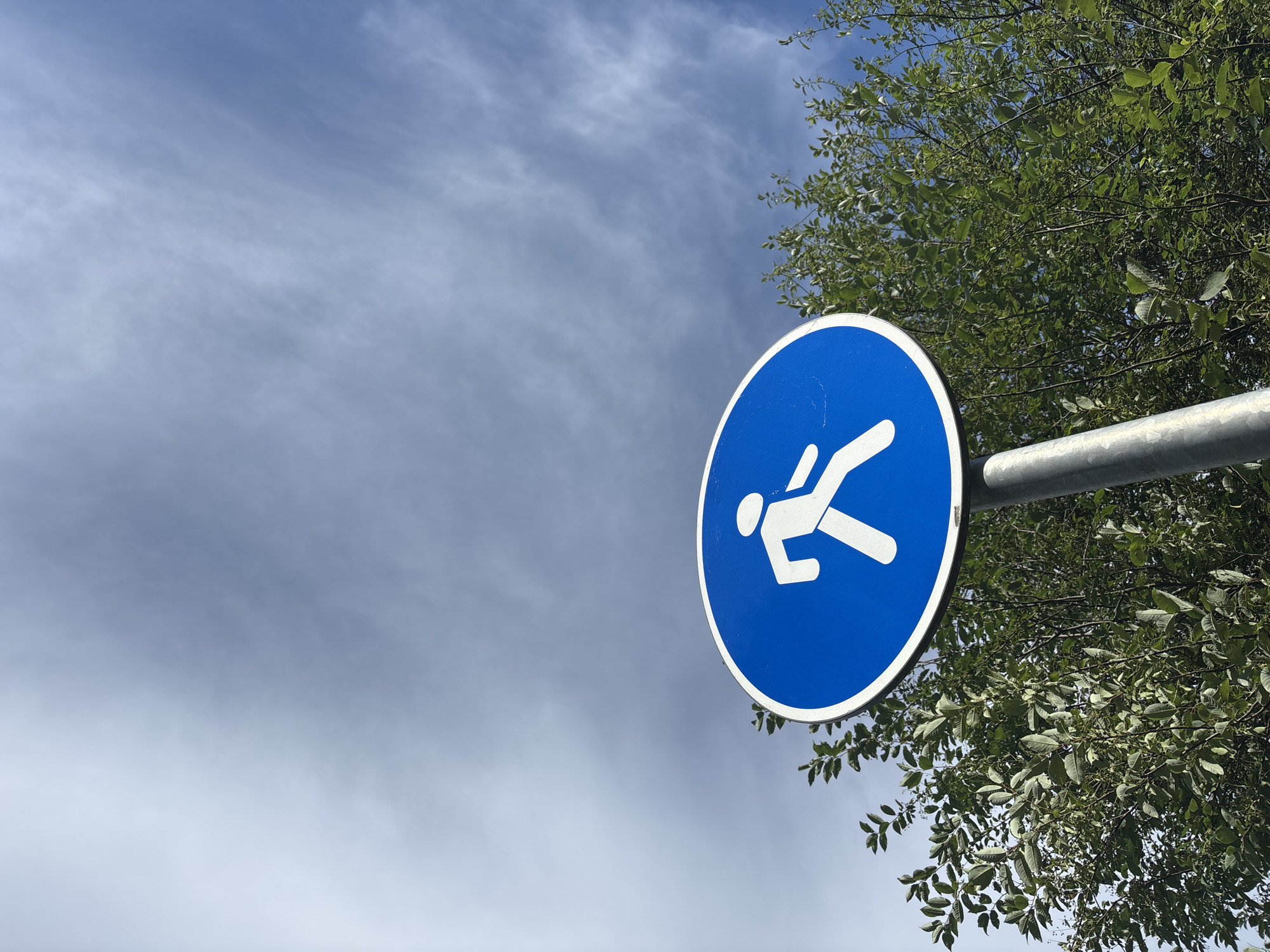 A circular blue sign with a white pictogram of a person running is mounted on a metal pole. The sign is positioned to the right of the frame, partially obscured by lush green foliage from a tree. The background is a pale blue sky with wispy, white clouds, suggesting a partly cloudy day. The lighting indicates it's daytime, likely midday or early afternoon, with the sun illuminating the scene from the side. The image is taken from a low angle, looking upwards towards the sky. The overall impression is one of an outdoor setting, possibly a park, pathway, or recreational area in Vsevolodovo, Russia, where the sign indicates a designated running path or zone. There is no visible text on the sign or in the surrounding environment.