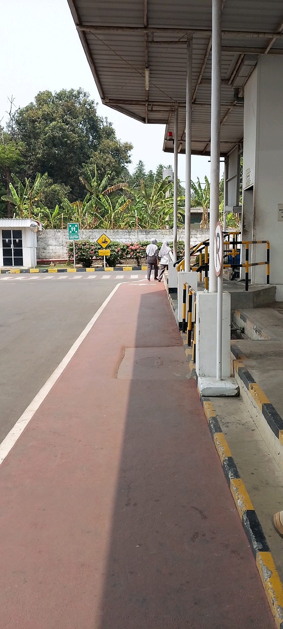 In Depok, Indonesia, two individuals in light-colored headscarves and long-sleeved shirts walk away from the viewer on a red-colored pedestrian walkway adjacent to a paved road. They are positioned in the middle ground of the image, near a series of white pillars supporting a metal awning. To their left, a white building with dark-framed windows is visible, along with a gray brick wall topped with greenery and flowering bushes. Several yellow and black striped bollards line the right side of the pedestrian walkway. A circular sign with a red "R" and a diagonal line through it, indicating "no parking," is mounted on a white post. In the background, lush green trees and banana plants are abundant, suggesting a tropical or subtropical environment. The sky is overcast.