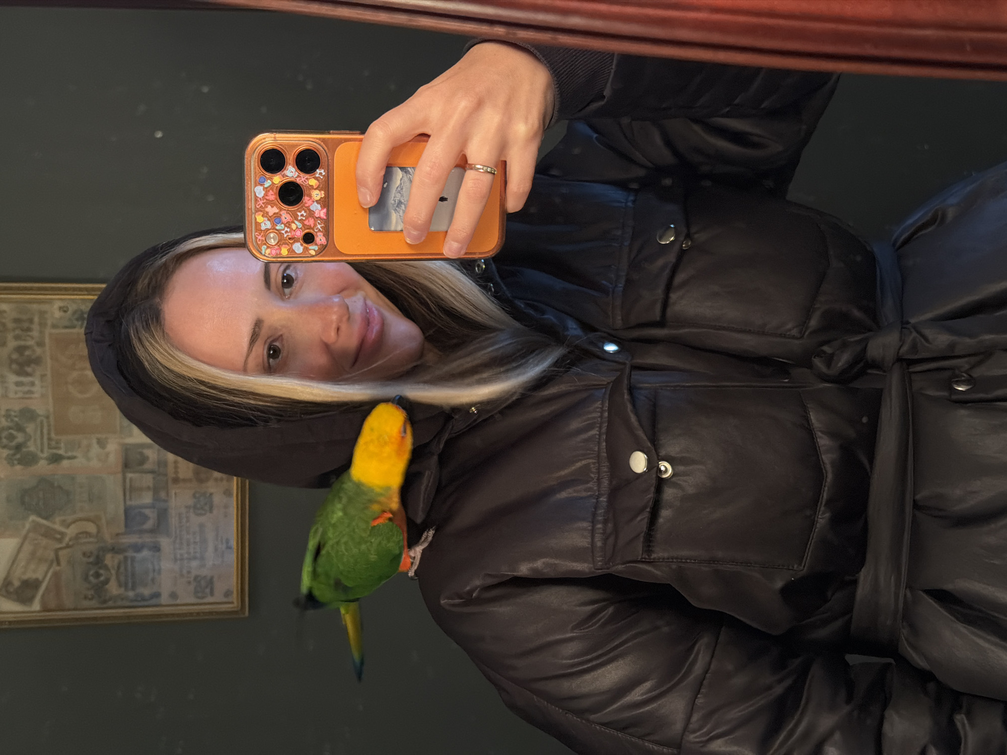 A woman is captured in a mirror selfie, smiling softly as she holds an orange smartphone to take the picture. Her face, featuring blonde hair with lighter highlights, is partially visible. She wears a dark, possibly black or very dark brown, puffer jacket with a hood and a cinched, tied belt. A ring with small stones is visible on her finger.
Perched on her left shoulder, a small, colorful parrot with a bright yellow head, green body, and hints of orange/red plumage on its chest adds a playful element to the scene. Its tail is yellow with a blue tip.
The background, seen through the mirror's reflection, suggests an indoor setting with dark walls. A framed piece of art or historical documents, too indistinct to read, hangs on the wall to the left. The overall impression is one of a casual, happy moment shared with a pet. The scene takes place in Khimki, Russia.