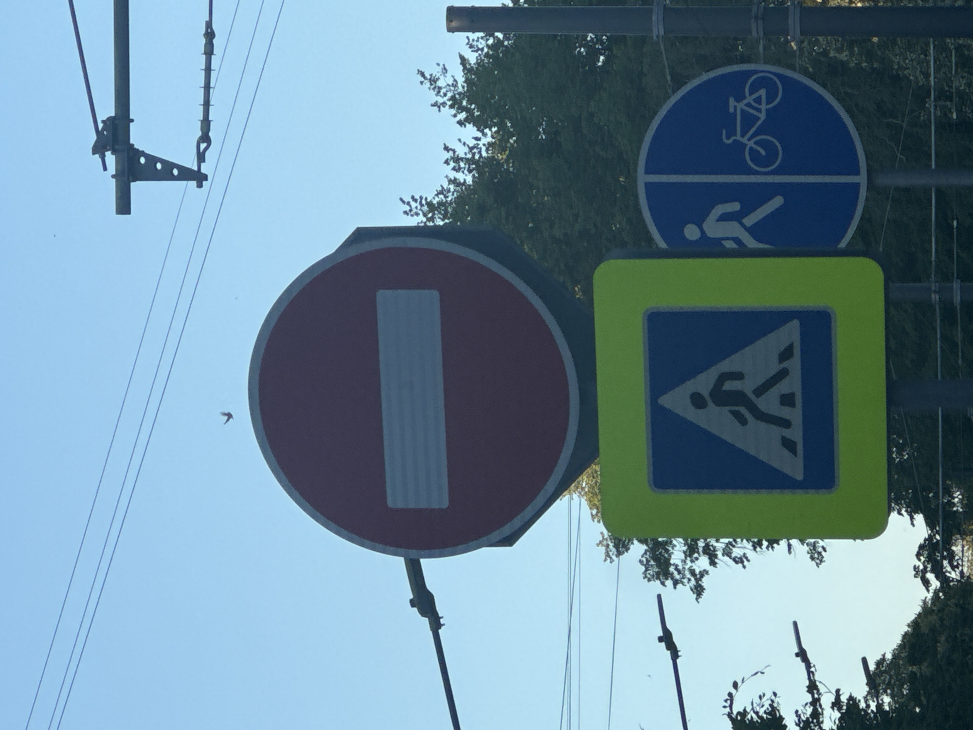 The image shows a collection of road signs in an urban environment, likely in Unknown, Unknown. From left to right, the first sign is a red circle with a white horizontal bar, indicating "no entry." Next to it, there is a square sign with a yellow border and a blue interior featuring a white triangle with a pedestrian crossing symbol. Above this is a round blue sign, split horizontally with a bicycle symbol on top and a pedestrian symbol on the bottom, marking a path shared by cyclists and pedestrians. The signs are mounted on metal poles, with power lines visible in the blue sky above, adding to the urban landscape. Trees are visible in the background behind the signs.