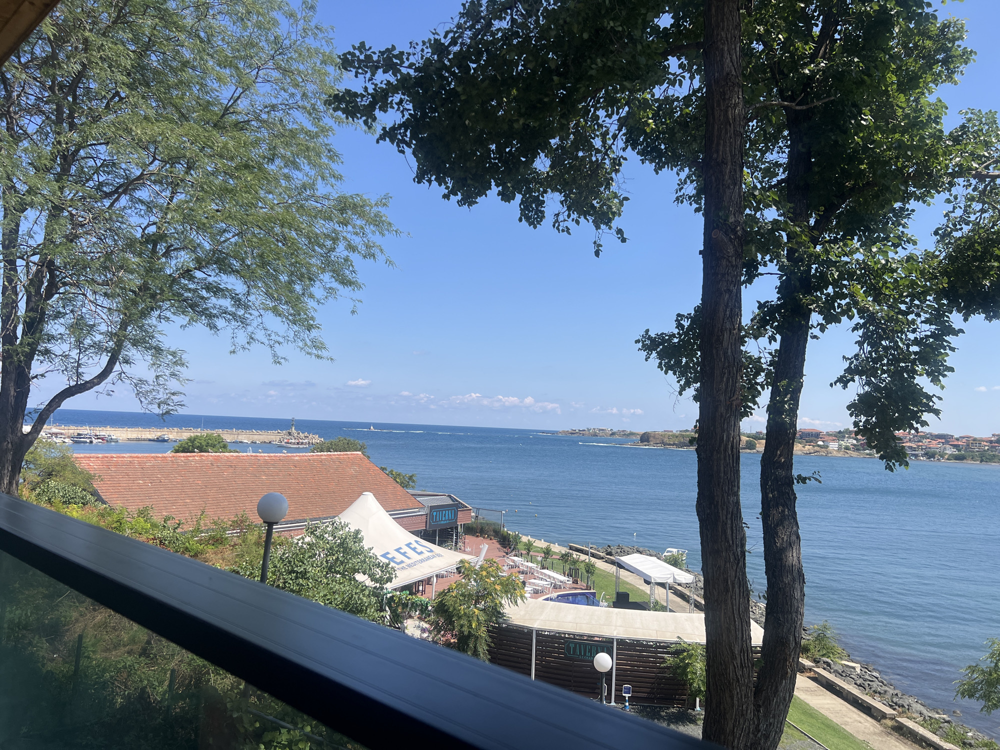This image captures a serene view of the Black Sea coast, likely in the city of Tsarevo, Bulgaria, given the architectural style and coastal landscape often associated with the region. The foreground is dominated by the lush green foliage of trees, with their branches and leaves partially obscuring the scene beyond. A dark, reflective surface, possibly a railing or window, cuts diagonally across the bottom of the frame, adding a layer of depth.
In the mid-ground, a cluster of buildings with red-tiled roofs creates a Mediterranean feel. One prominent building features a white tented structure with the word "EFES" and "THE MEDITERRANEAN" printed on it, suggesting a restaurant or bar. Another building, labeled "TAVERNA," is also visible. Beyond these structures, a swimming pool gleams under the sunlight, surrounded by white tables and chairs, indicating a recreational area. A lamp post with a white spherical light stands near the poolside.
The background showcases the vast expanse of the blue Black Sea, dotted with several boats and a distant breakwater or pier. The horizon is clear, meeting a bright blue sky with a few scattered clouds. The coastline on the far side is lined with buildings and vegetation, hinting at a populated area. The overall atmosphere is one of a tranquil summer day by the sea, with a mix of natural beauty and man-made amenities.