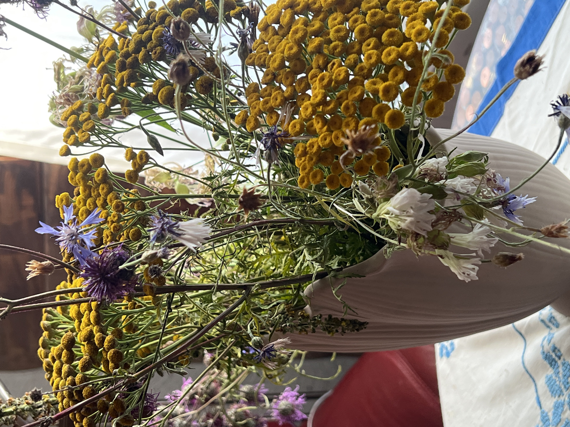 A vase of dried wildflowers sits on a patterned tablecloth. The vase is light-colored and textured, with a fluted design. The wildflowers are a mix of yellow button-like flowers, purple thistle-like flowers, and delicate white and blue blossoms. Some of the flowers appear dried and wilted, while others are still vibrant. In the background, a red surface is visible, possibly a chair or sofa. The scene is illuminated by natural light coming from the right, suggesting it's daytime. The location of Norviliškės, Lithuania is mentioned, but there are no specific landmarks or details in the image to confirm this. The overall impression is of a rustic, still-life arrangement.