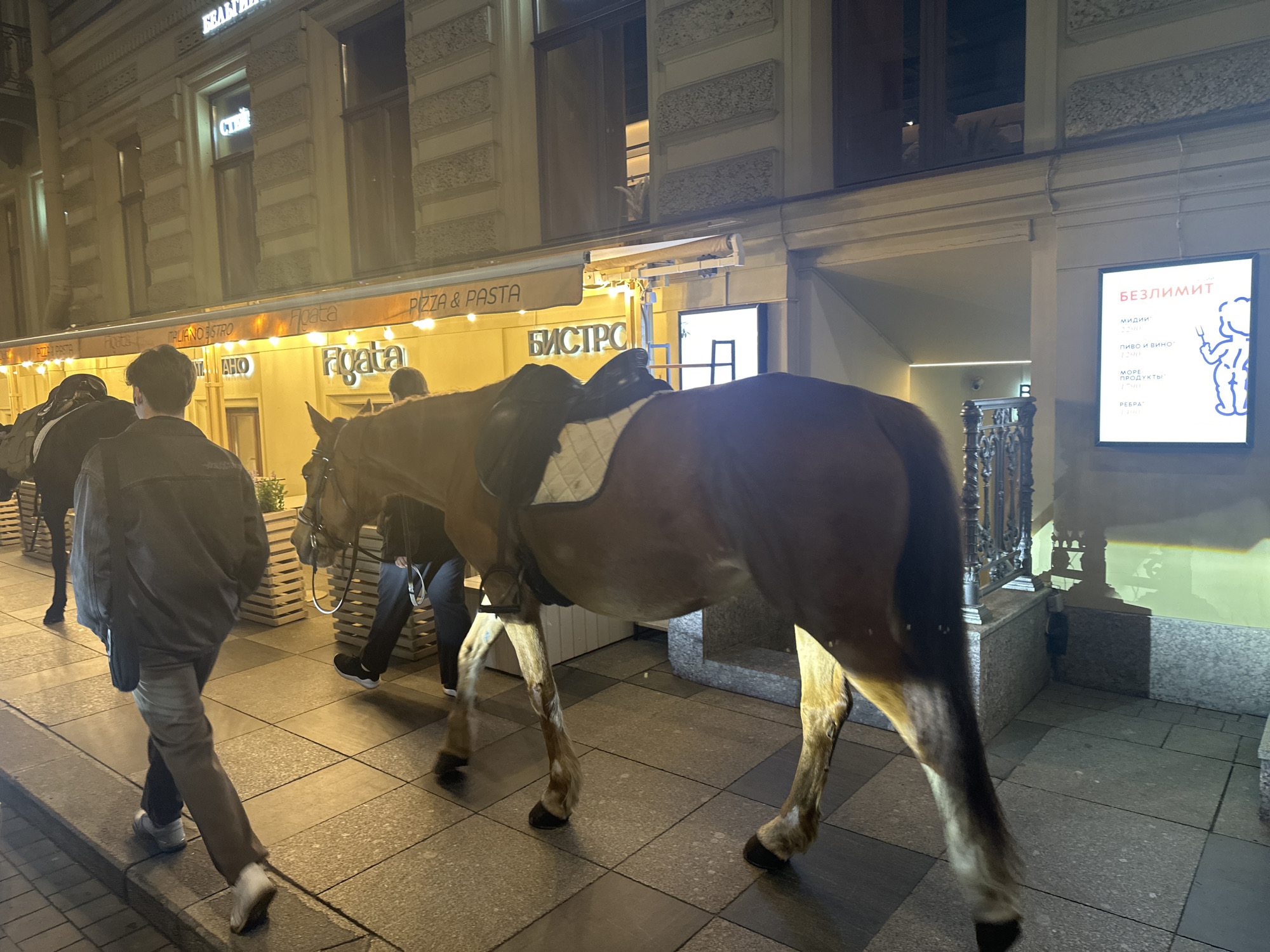 A medium shot captures a street scene in Saint Petersburg, Russia, dominated by two saddled horses. The main horse, chestnut brown, is mid-stride, facing right with its rear toward the viewer. A black saddle is prominently visible. A second, darker horse stands behind it.
In front of the horses, a man in casual wear, jeans, and a jacket walks left. Another person, partially obscured, stands near the head of the leading horse.
The backdrop features a restaurant with "Figata Pizza & Pasta" signage. A menu board with Cyrillic text is displayed on the right of the frame. The scene is illuminated, suggesting it's either evening or the lighting is artificial. The sidewalk is paved with square tiles.