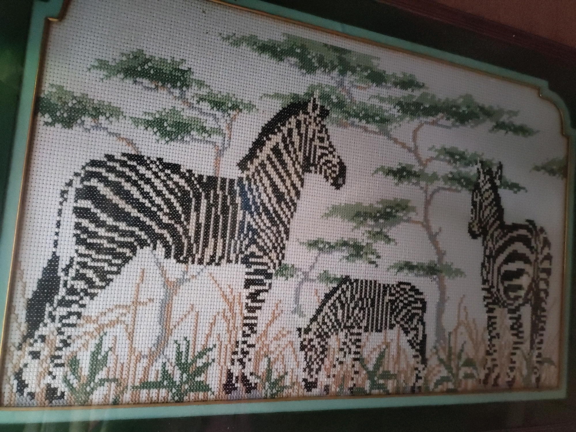 The image shows a framed cross-stitch embroidery of three zebras in a savanna-like environment. A large zebra stands prominently in the left foreground, facing right. To its right and slightly behind is a smaller zebra, also facing right, with its head down as if grazing. On the far right, a third zebra, larger than the foal but smaller than the main zebra, stands facing left, showing its rear. The background consists of sparse trees with green foliage and dry grasses. The embroidery is framed with a light-colored mat and a light green border. The image is taken at an angle, with the top right corner of the frame higher than the bottom left. There is no information in the image to suggest it is located in Matalam, Philippines; this is an external detail.