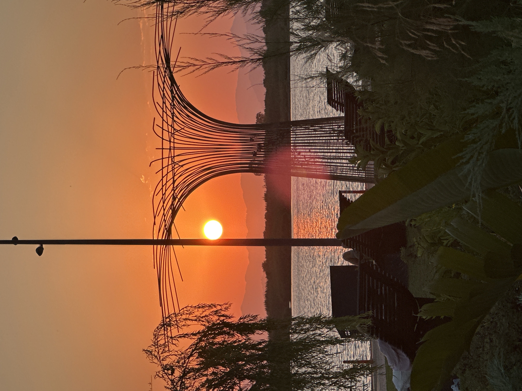 The image captures a serene sunset over a body of water, likely a bay or harbor, in Fethiye, Turkey. The sky is ablaze with warm orange and pink hues, indicating the golden hour. In the foreground, a striking metal sculpture, possibly part of an art installation or an architectural element, dominates the left side of the frame. Its curved, ribbed structure creates an abstract, organic shape. Silhouetted against the vibrant sky, the sculpture is complemented by the delicate branches of a tree in the lower left corner.
A horizontal pole with two small lights stretches across the middle of the image, dividing the sky from the water. The water itself reflects the warm tones of the sunset, shimmering with a gentle ripple. Across the water, a distant shoreline is visible, lined with trees and fading into layered mountain ranges in the background. The overall mood is peaceful and contemplative. To the right, dense green foliage and parts of a dark structure, possibly a pier or seating area, create a contrasting texture and shade, framing the illuminated scene. The time of day is clearly sunset, and the weather appears calm with no visible clouds. No text is present in the image.
