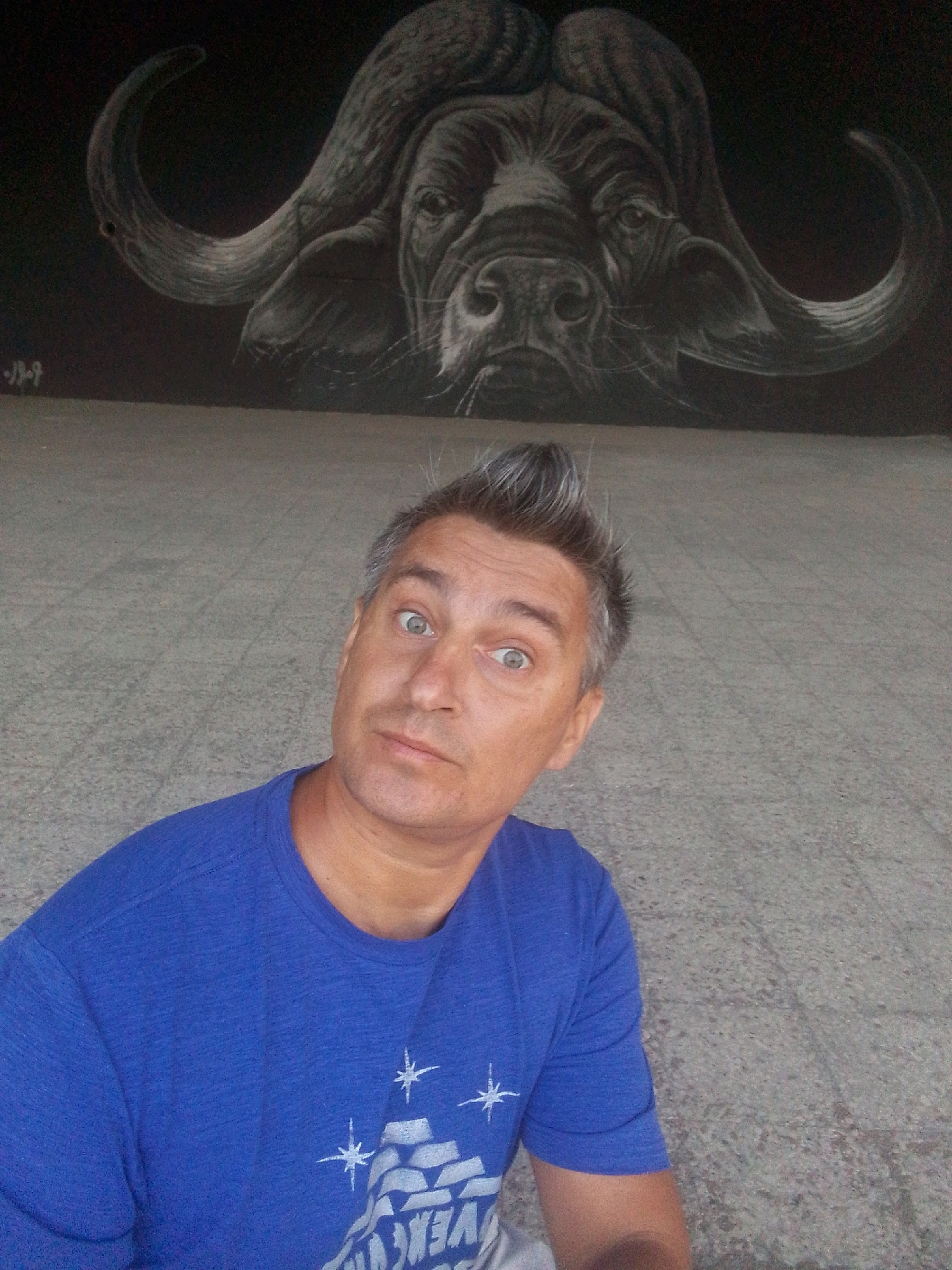 In a selfie taken outdoors, a man with spiky grey hair and a blue t-shirt is captured from the chest up, looking directly at the camera with a surprised expression. His eyes are wide open, and his mouth is slightly ajar. Behind him, a large mural of a buffalo's head with prominent horns is painted on a dark wall. The ground beneath them appears to be paved with concrete. The man's t-shirt has a white graphic design featuring stars and pyramid-like shapes. The location is identified as Tbilisi, Georgia, but the specific area within the city is not discernible from the image.