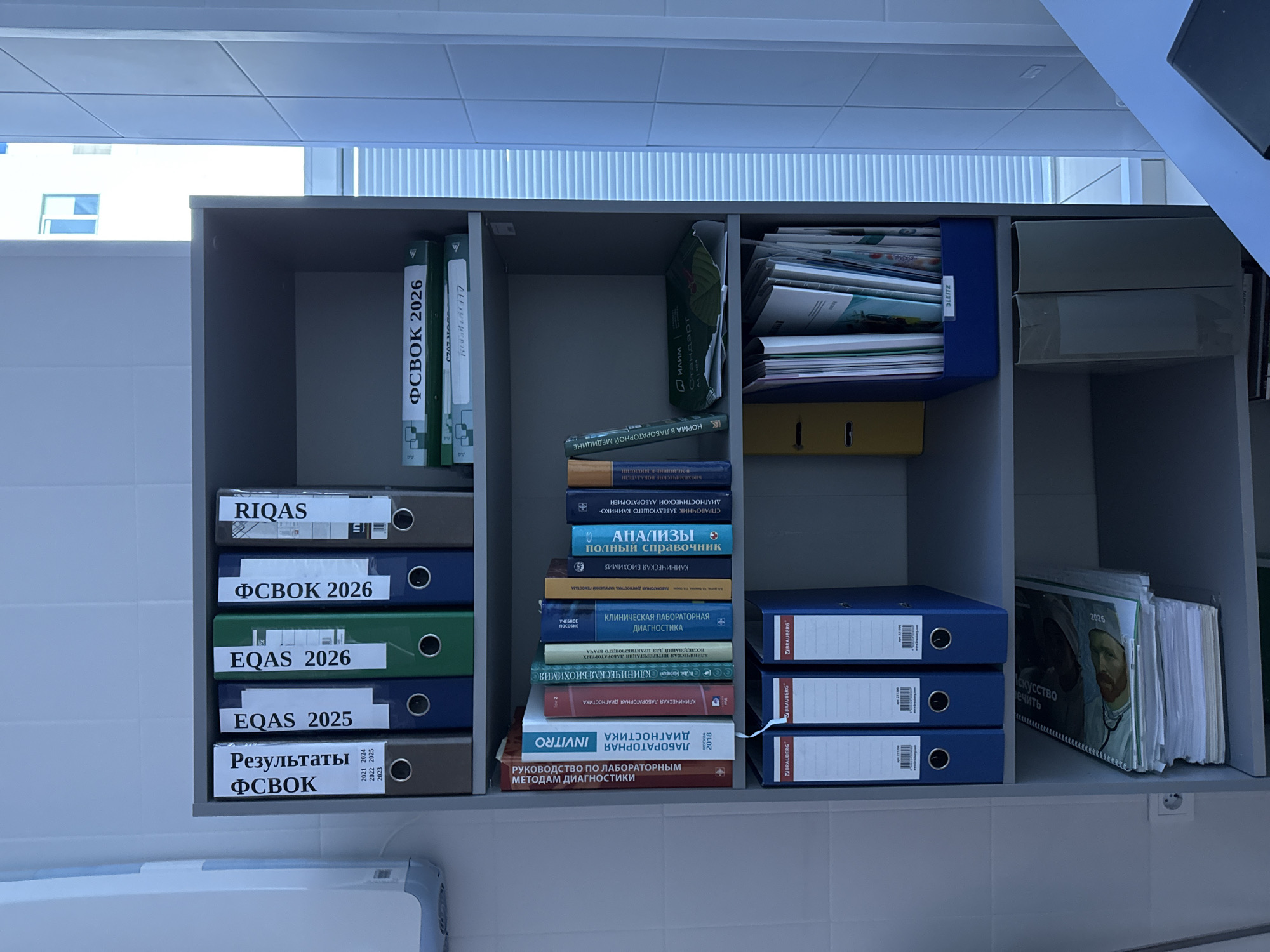 A photograph reveals a shelf or cabinet filled with various items, primarily books and binders, arranged in three columns. The leftmost column contains multiple binders labeled with identifiers such as "RIQAS," "ФСВОК 2026," "EQAS 2026," "EQAS 2025," and "Результаты ФСВОК" along with dates from 2021-2025. The central column features an assortment of Russian-language books on topics related to clinical laboratory diagnostics, biochemistry, and medical standards. The titles include "РУКОВОДСТВО ПО ЛАБОРАТОРНЫМ МЕТОДАМ ДИАГНОСТИКИ," "ЛАБОРАТОРНАЯ ДИАГНОСТИКА," "КЛИНИЧЕСКАЯ ЛАБОРАТОРНАЯ ДИАГНОСТИКА," "КЛИНИЧЕСКАЯ БИОХИМИЯ," and "АНАЛИЗЫ полный справочник". The rightmost column holds blue binders with "BRAUBERG" branding and a calendar featuring a painting by Van Gogh with the text "ИСКУССТВО ЛЕЧИТЬ 2026" (Art Heals 2026). The photograph is taken in what appears to be a medical or laboratory setting, evident from the nature of the books and binders. A window in the upper left reveals a building exterior, possibly in Moscow, Russia, given the use of Cyrillic script on the materials.