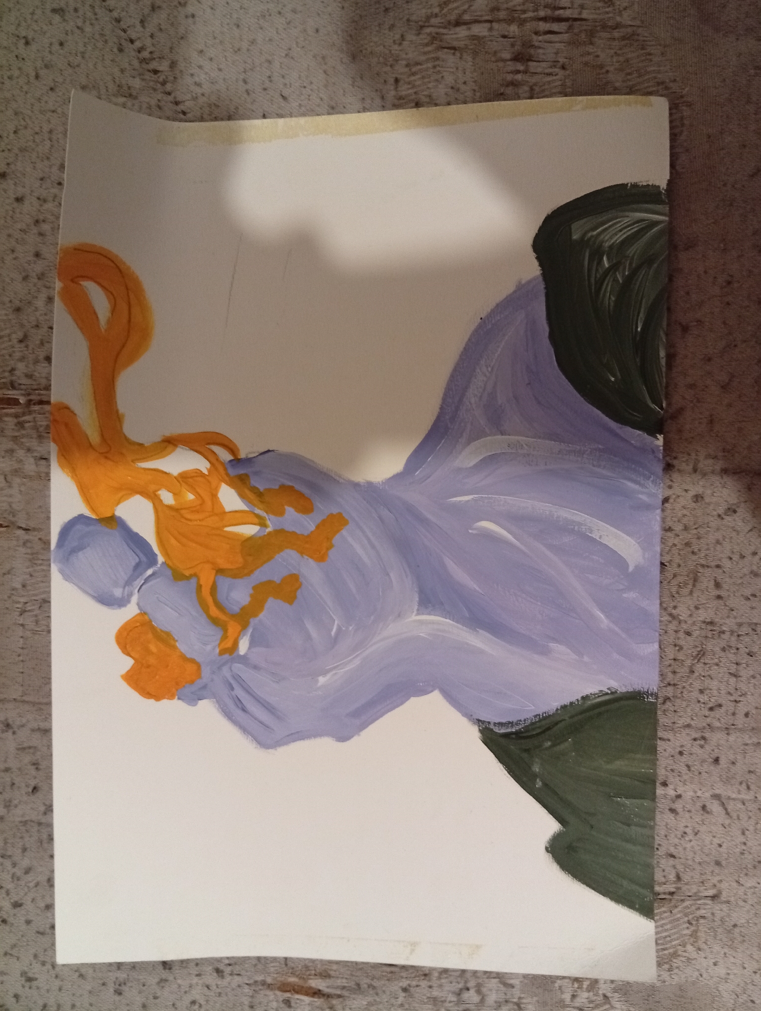 A painting on white paper depicts a purple flower with orange stamen-like shapes extending outward. The flower is set against a backdrop of green foliage. The painting is incomplete, with large areas of blank white space. The style is suggestive and expressive rather than realistic. The location of Buenos Aires, Argentina, is not evident from the image.
