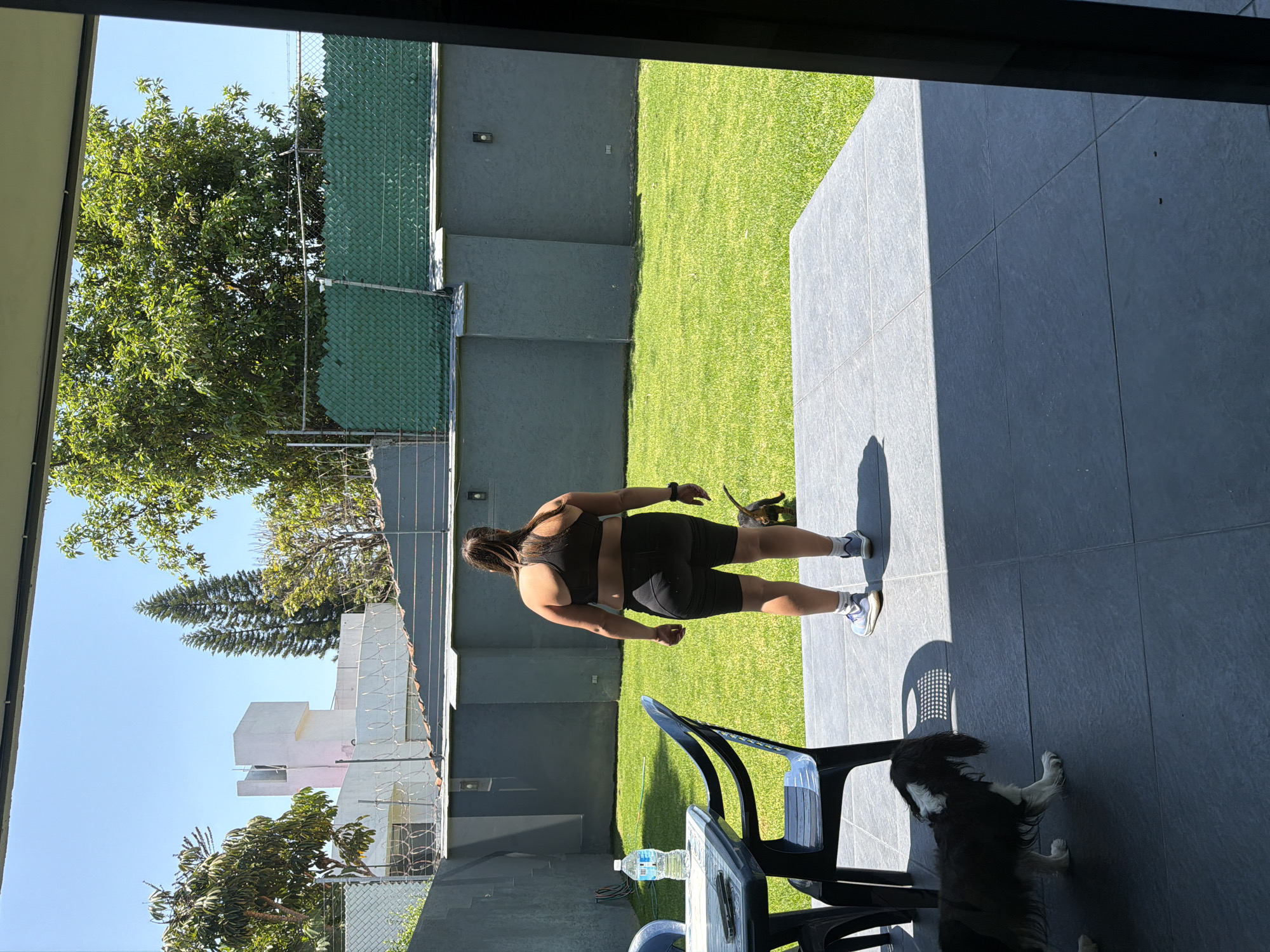 An outdoor, slightly rotated, medium-shot photograph captures a residential backyard scene on a clear, sunny day in Puebla, Mexico. The foreground features a dark grey tiled patio, partially shaded, where a black and white dog is visible, looking downwards. Black plastic chairs and a table are also on the patio, with a "Ciel" brand water bottle placed on the table.
A female subject, viewed from behind, stands on the edge of the patio, facing a vibrant green lawn. She is wearing a black sports bra and black cycling shorts, white socks, and light-colored athletic shoes. Her dark hair is pulled up. Strong shadows are cast on the patio, indicating bright sunlight, likely mid-morning or early afternoon.
Beyond the patio and lawn, various fences define the property lines, including a green mesh fence and grey walls topped with security wiring. In the background, lush green trees, including pine trees, and parts of neighboring white residential buildings are visible against a clear blue sky. A dark-colored cat can be seen near the lawn in the background, to the right of the person. The scene depicts a casual outdoor moment, possibly during a workout break.
