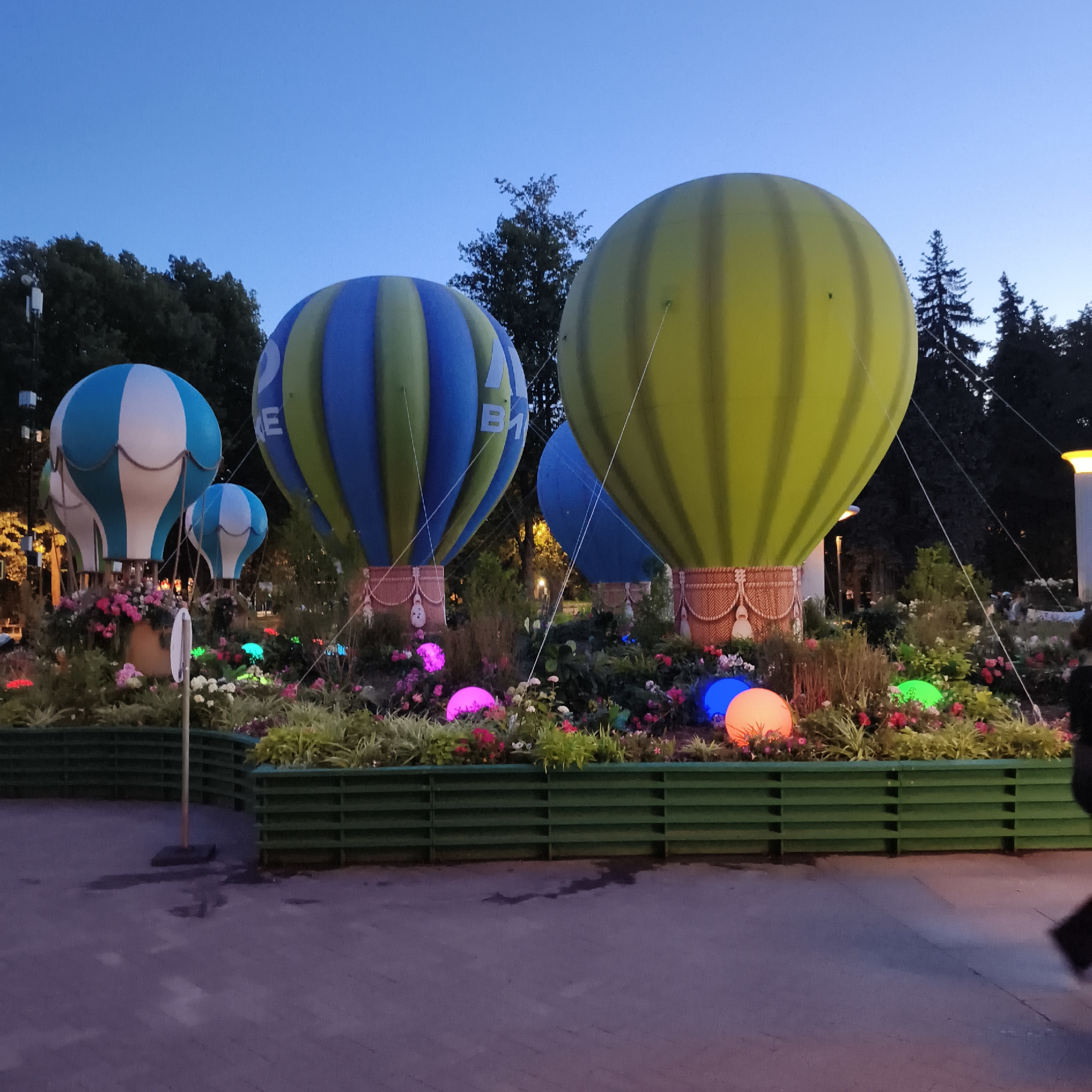 The image captures an outdoor scene in Moscow, Russia, featuring a decorative display of large, inflatable hot air balloons and vibrant floral arrangements, illuminated by colorful lights. The balloons are positioned in the center of the frame, with a prominent light yellow and green striped balloon on the right, and a blue and green striped balloon to its left. In the foreground, there are several smaller blue and white striped balloons. The balloons are tethered and appear to be part of a larger installation, possibly in a park or public square.
The balloons are placed within raised planters filled with a variety of flowers and greenery. The planters are edged with a green lattice structure. The ground in front of the planters is paved with square tiles, showing some damp patches. Colorful spherical lights are scattered amongst the plants, emitting pink, blue, green, and orange hues.
Behind the balloon display, dark trees form a backdrop, suggesting a park-like setting. The sky is a deep twilight blue, indicating that the photograph was taken at dusk or early evening. The overall impression is one of an illuminated, festive nighttime display.
While no specific landmarks clearly identify the exact location in Moscow, the presence of such elaborate public art installations is common in various parks and event spaces within the city. The style of the display and the surrounding flora are consistent with public spaces in Moscow.