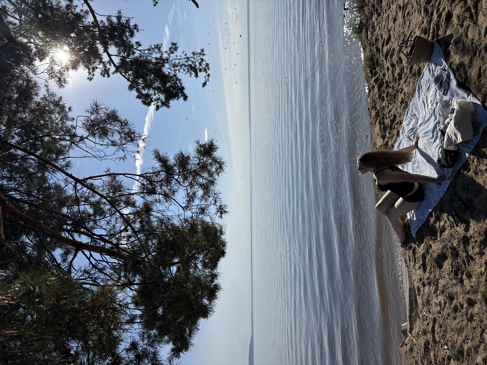 A woman sits on a towel on a sandy beach, facing a large body of water. She is wearing a black swimsuit and has her head tilted back, looking towards the sky. The sun is bright and shining through pine tree branches that hang over the scene. There are several bags and a pair of flip-flops on the towel with her. The water is calm with ripples, and the sky is blue with some scattered clouds. Numerous birds are visible flying in the distance. The location is described as Unknown, Unknown.