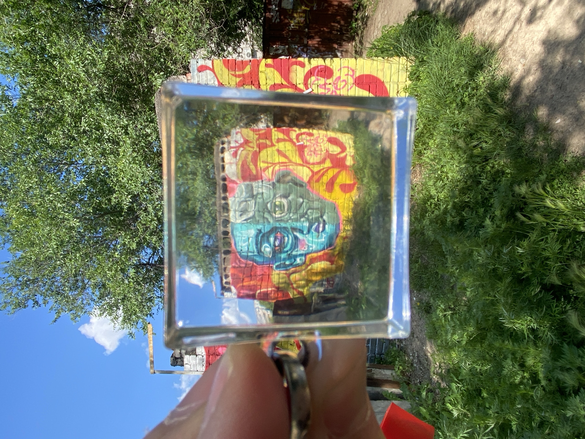 An outdoor, eye-level, medium shot shows a square glass lens held in a person's left hand. The lens is centered in the frame and reflects a colorful graffiti mural painted on a brick wall. The mural depicts a stylized human face with one side painted teal and the other gray, with red and yellow accents. Behind the lens, the actual brick wall, with the same graffiti, is visible, along with green trees and a blue sky with white clouds. In the foreground, lush green grass and a dirt path are present. The location is specified as Khabarovsk, Russia.