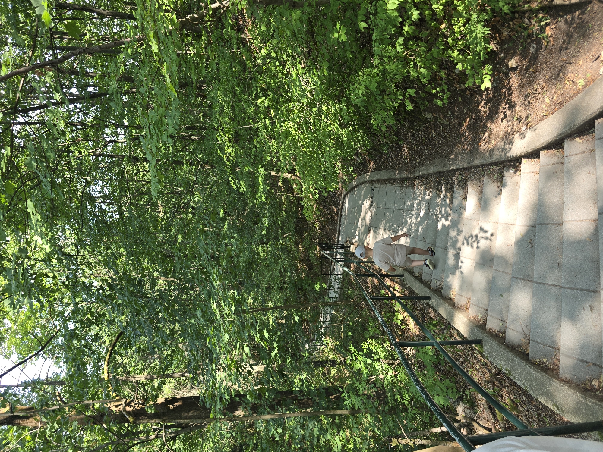 A young child wearing a light-colored t-shirt and shorts, and a white cap, walks down a set of outdoor stairs in a wooded area. The stairs are made of concrete and are flanked by a dark green metal railing on the left side. Lush green trees and foliage surround the stairs, with sunlight dappling through the leaves onto the path. The overall environment appears to be a park or a natural trail within a city, possibly Vilémovice, Czechia. The child is walking away from the camera.