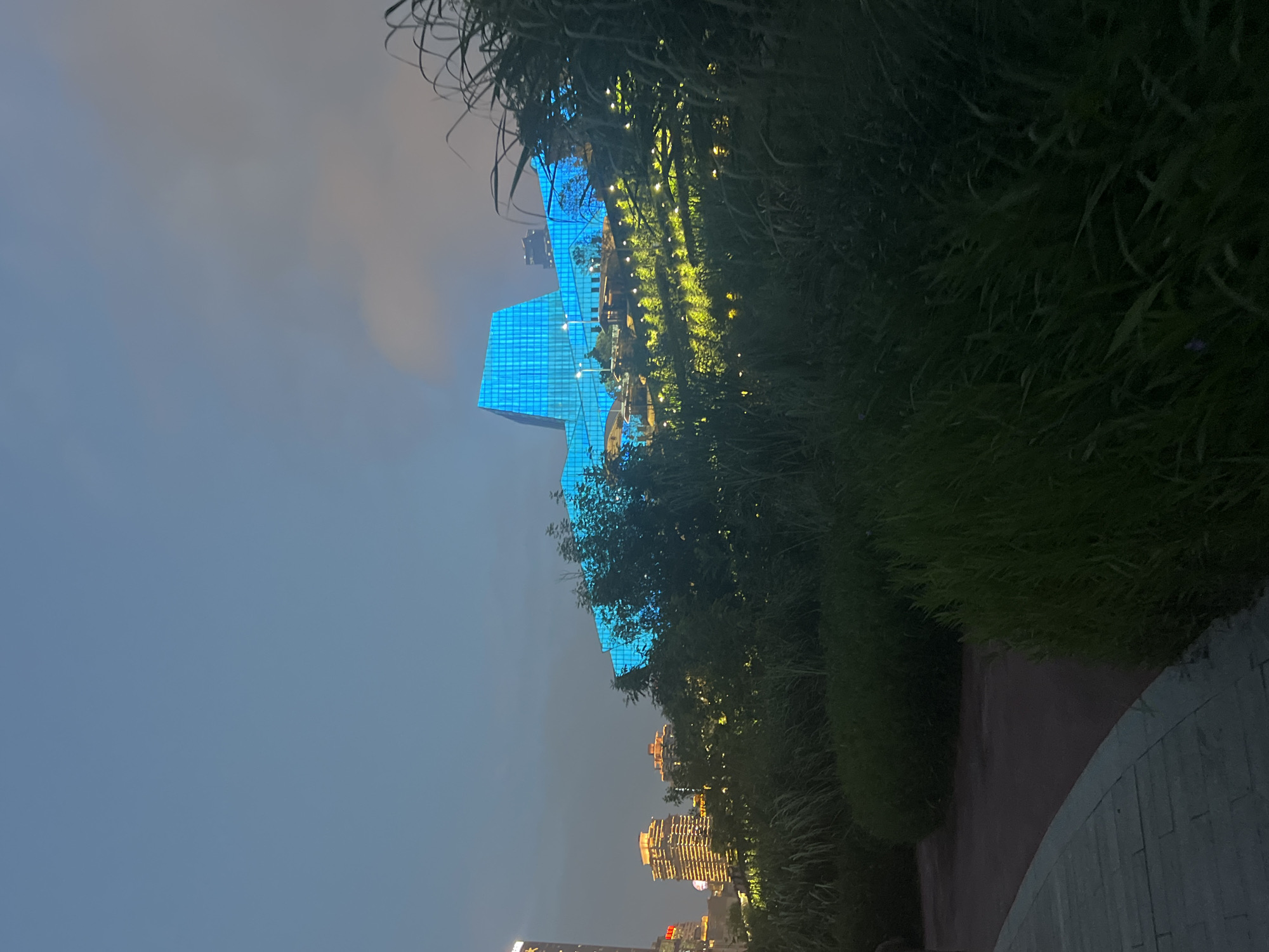 The image depicts a nighttime scene in the Jiangbeicheng Street area of Chongqing, China, focusing on a modern building illuminated with vibrant blue light. In the foreground, lush green vegetation and tall grasses are visible, framing a pathway paved with gray stone tiles. The pathway curves gently from the bottom left corner of the frame into the middle ground. Beyond the vegetation, a series of smaller lights, appearing yellow and strategically placed, illuminate a terraced landscape leading up to the main structure. This structure, a large, angular building with a facade of blue-tinted glass, dominates the mid-to-background of the image. Its geometric shape and bright illumination suggest it is a contemporary architectural landmark. In the distance, other city buildings are faintly visible, some with orange and yellow lights, indicating an urban environment. The sky is a dusky blue, transitioning into a lighter, hazy gray near the horizon, suggesting twilight or a slightly overcast evening. No people are visible in the frame.
