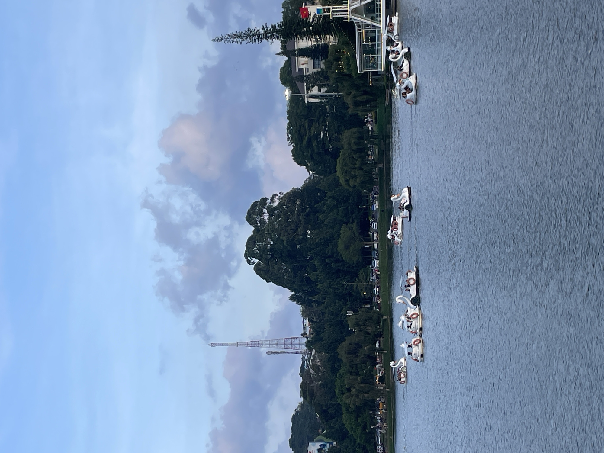 This image depicts a wide view of Xuan Huong Lake in Da Lat, Vietnam, under a soft, diffused sky suggesting late afternoon or early evening. The water surface is textured with small ripples.
In the foreground and mid-ground, numerous recreational pedal boats are scattered across the lake. The majority are white, swan-shaped vessels, each carrying multiple passengers engaged in pedaling. At least six distinct swan boats are visible, along with a few other styles of pedal boats, some resembling small cars. Several boats have orange lifebuoys attached to their sides.
The left shoreline features a densely forested hill that rises significantly from the water. On the summit of this hill, a prominent, tall, slender lattice transmission tower is visible, accompanied by a smaller, similar tower nearby. Buildings are nestled amongst the trees on the hillside. Along the immediate shoreline, a road is visible with parked vehicles and numerous people strolling, indicating a public promenade.
The right shoreline also has lush green trees, including a tall, slender conifer. Behind these trees, a multi-story white building is partially visible. Closer to the water, a modern, white, multi-level building with large glass windows and a flat roof, possibly a restaurant or cafe, stands by the lake. A flagpole bearing the national flag of Vietnam (red with a yellow star) is mounted on this structure.
The sky is a pale blue, adorned with scattered cumulus clouds displaying hues of grey and faint pink, consistent with twilight conditions.