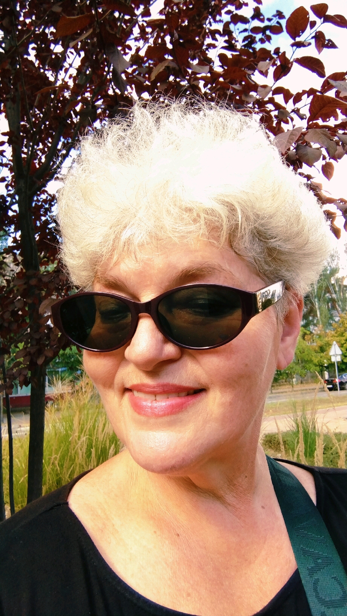 The image is a close-up portrait of a middle-aged woman with short, styled blonde hair. She is wearing dark-rimmed sunglasses and a black shirt with a green strap visible over her shoulder. Her lips are painted a glossy pink. The background shows a tree with reddish-brown leaves, tall dry grass, and a hint of a street with a white traffic sign in the distance. The lighting suggests it is daytime, likely outdoors in an urban or suburban setting. This scene is observed in the city of Horishni Plavni, Ukraine.