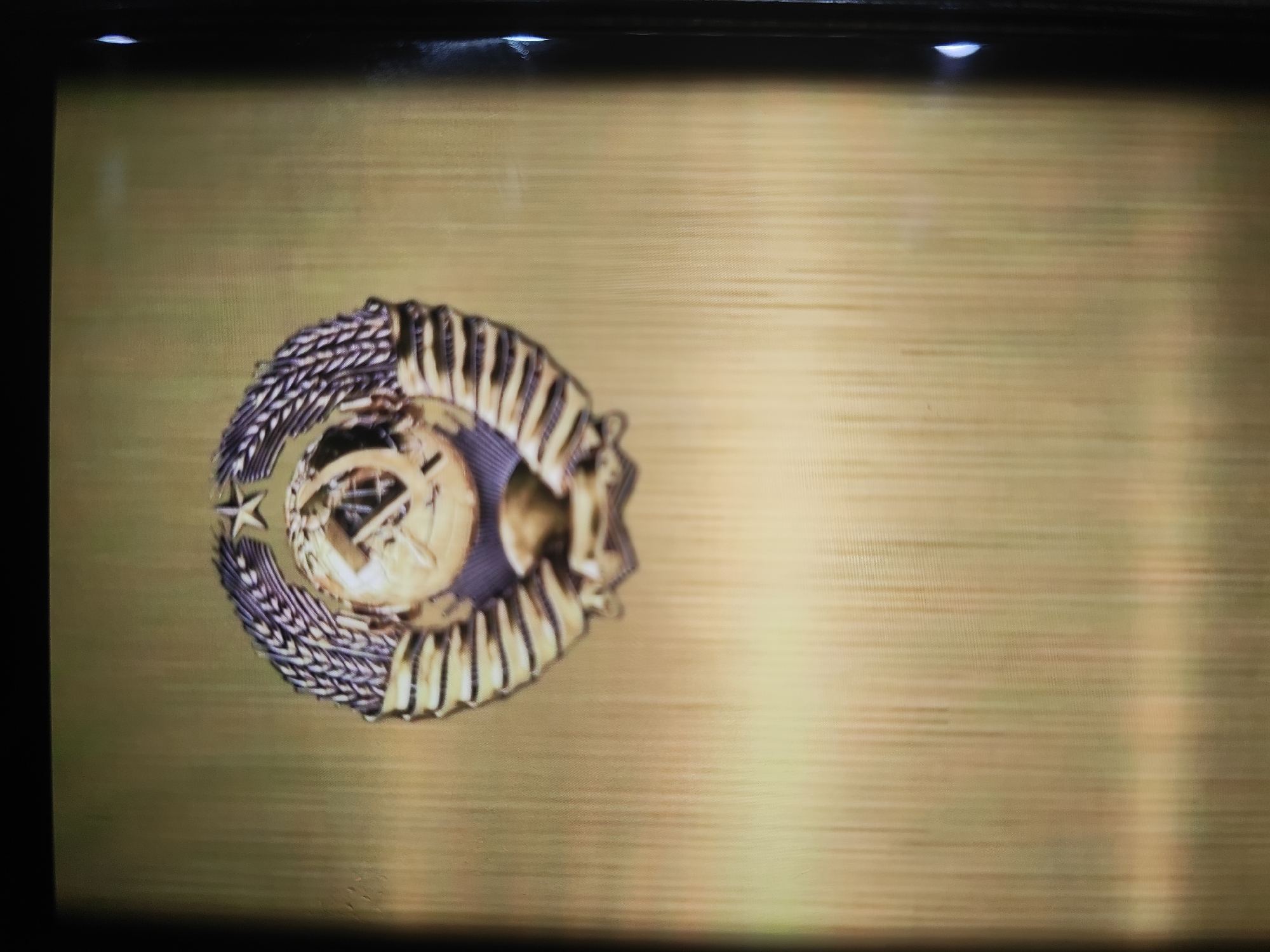 The image displays a prominent gold and silver-toned emblem centered against a textured, light golden-brown background. The emblem is circular, resembling an official insignia, possibly of Soviet origin given its iconography. It features a metallic wreath, likely composed of wheat or laurel leaves, in a darker, silvery-grey color, framing a central motif. A five-pointed star is visible on the bottom-left portion of the wreath. The central element of the emblem appears to be a stylized globe or sphere, upon which the iconic hammer and sickle symbol is distinctly visible. The metallic surfaces of the emblem show reflections, highlighting its three-dimensional details.
The background has a horizontally striated texture, suggesting it could be a brushed metal surface, a fabric, or the visual effect of a digital screen displaying the emblem. The top edge of the frame shows a dark border, possibly a display bezel, with small, bright reflections from overhead light sources. No individuals, activities, or explicit textual information are present within the image. The image is a static portrayal of this historical or symbolic artifact. While the context of "Sochi, Russia" is provided, there are no visual cues within the image itself to confirm this location.