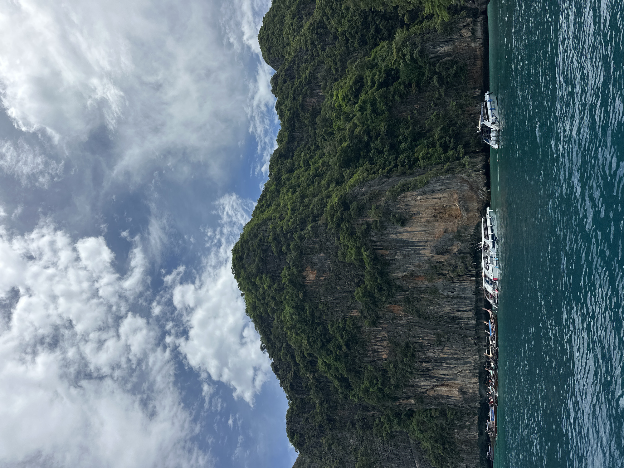 A wide, vertical shot captures the turquoise waters of Ao Nang, Thailand, reflecting a partially cloudy sky. In the background, a massive, verdant cliff face rises dramatically from the sea, its sheer rock walls covered in lush green foliage. A fleet of boats is anchored near the base of the cliff. These include several longtail boats with their distinctive wooden hulls and raised motors, as well as a few larger, modern speedboats. One speedboat, painted white with blue accents, is positioned slightly ahead of the others, its three outboard motors clearly visible. The water is calm, with gentle ripples disturbing its surface. The overall scene conveys a sense of tropical paradise and maritime activity.