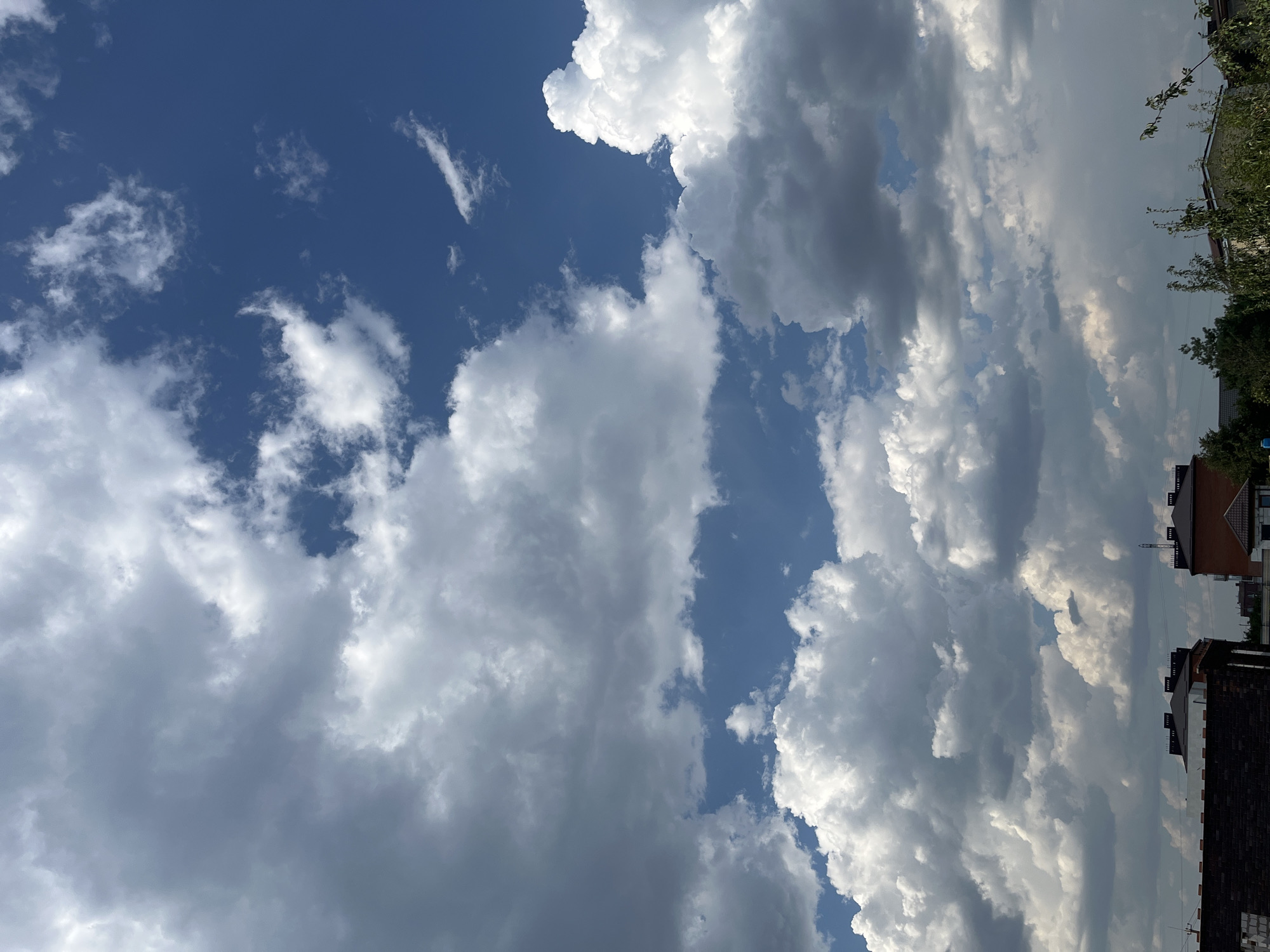 A wide-angle, vertical photograph captures a dense, overcast sky above a residential area. The clouds are predominantly dark gray and white, with some areas of deep blue sky visible between them. The lower third of the image shows the rooftops of several buildings. To the far left, a brick building with dark roofing and white accents is visible. Adjacent to it, a building with orange brick and a dark roof stands, with a black chimney or vent pipe extending upwards. Further to the right, a lighter-colored building with a dark roof and a visible chimney is present. Trees and foliage are interspersed between the buildings, with some branches extending into the frame from the right edge. The scene suggests an urban or suburban environment, possibly during or shortly after a rain shower, given the cloud cover. The location is Taganrog City District, Russia.