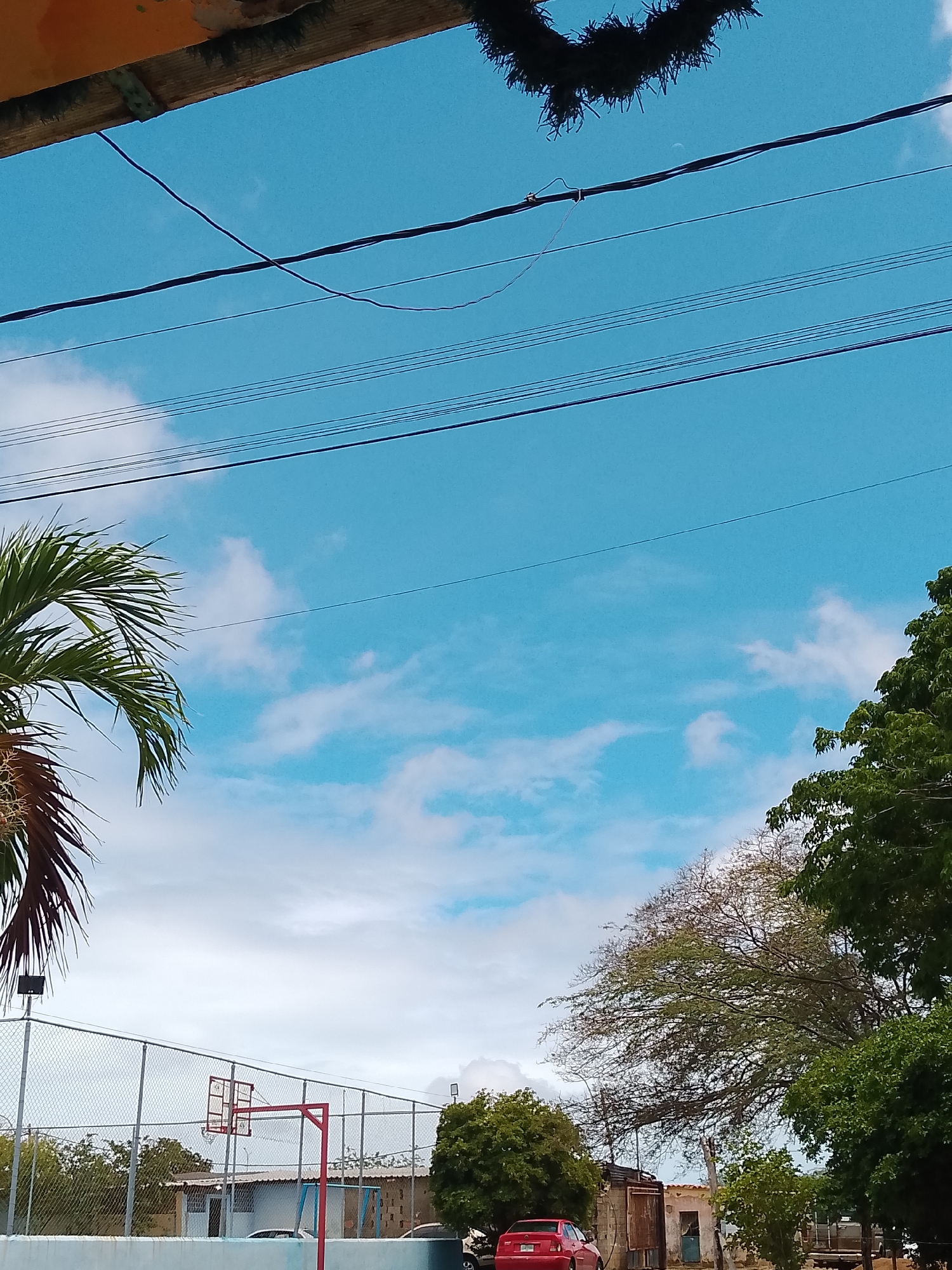 The image depicts an outdoor scene with a bright blue sky dotted with white clouds. In the foreground, a palm frond is visible on the left, and a section of a tree canopy is on the right. Power lines are strung across the sky. Below the sky, a chain-link fence encloses a basketball court with a red hoop and backboard. A small building with a light blue wall and a brown roof is partially visible behind the fence. To the right of the building, a red car is parked, and another vehicle is partially visible behind it. The environment appears to be a residential or community area. The image does not contain any people or direct indications of the city of Santa Ana, Venezuela.