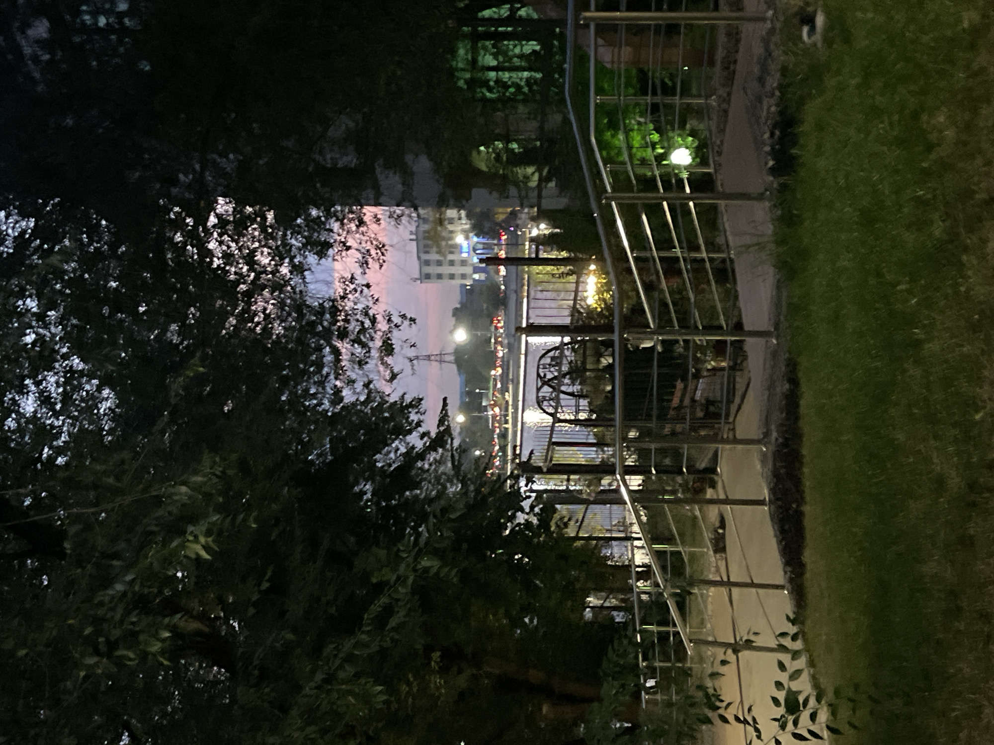 The image depicts a dusky scene in Almaty, Kazakhstan, possibly near the Kok-Tobe hill, given the presence of a water body and distant city lights. In the foreground, a grassy area leads to a paved walkway with metal railings, which curves upwards. Beyond the walkway, a black metal fence encloses an area with some decorative elements and plants. A body of water, possibly a river or lake, is visible in the mid-ground, reflecting the colorful twilight sky and the lights of buildings and vehicles on the far side. The sky is painted with hues of pink, purple, and orange, indicating either sunrise or sunset. Silhouetted trees frame the scene from the left and right, adding to the atmospheric quality of the image. Distant buildings, streetlights, and vehicle lights create a typical urban skyline against the fading daylight. There are no people visible in the image.