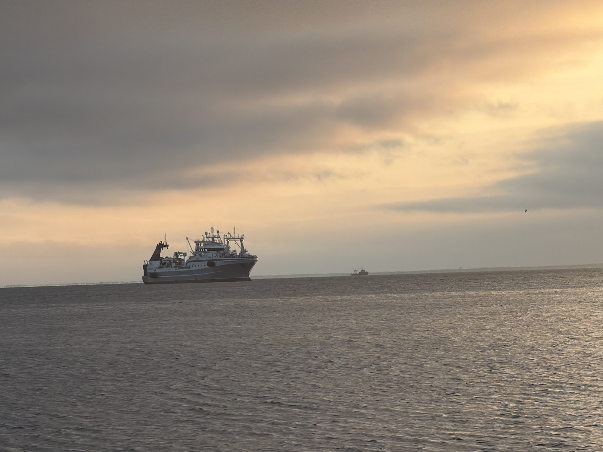 The image shows a large fishing trawler sailing on a calm body of water under a cloudy sky with streaks of warm, sunset light filtering through. The trawler is gray with a red waterline and a dark section at the stern. In the distance, a smaller vessel is visible on the horizon. The water is a deep blue-gray, and the sky is a mix of dark gray clouds and soft, golden-orange hues. The scene appears to be set at dusk. The location is not specified in the image and cannot be determined to be Petropavlovsk-Kamchatsky, Russia.