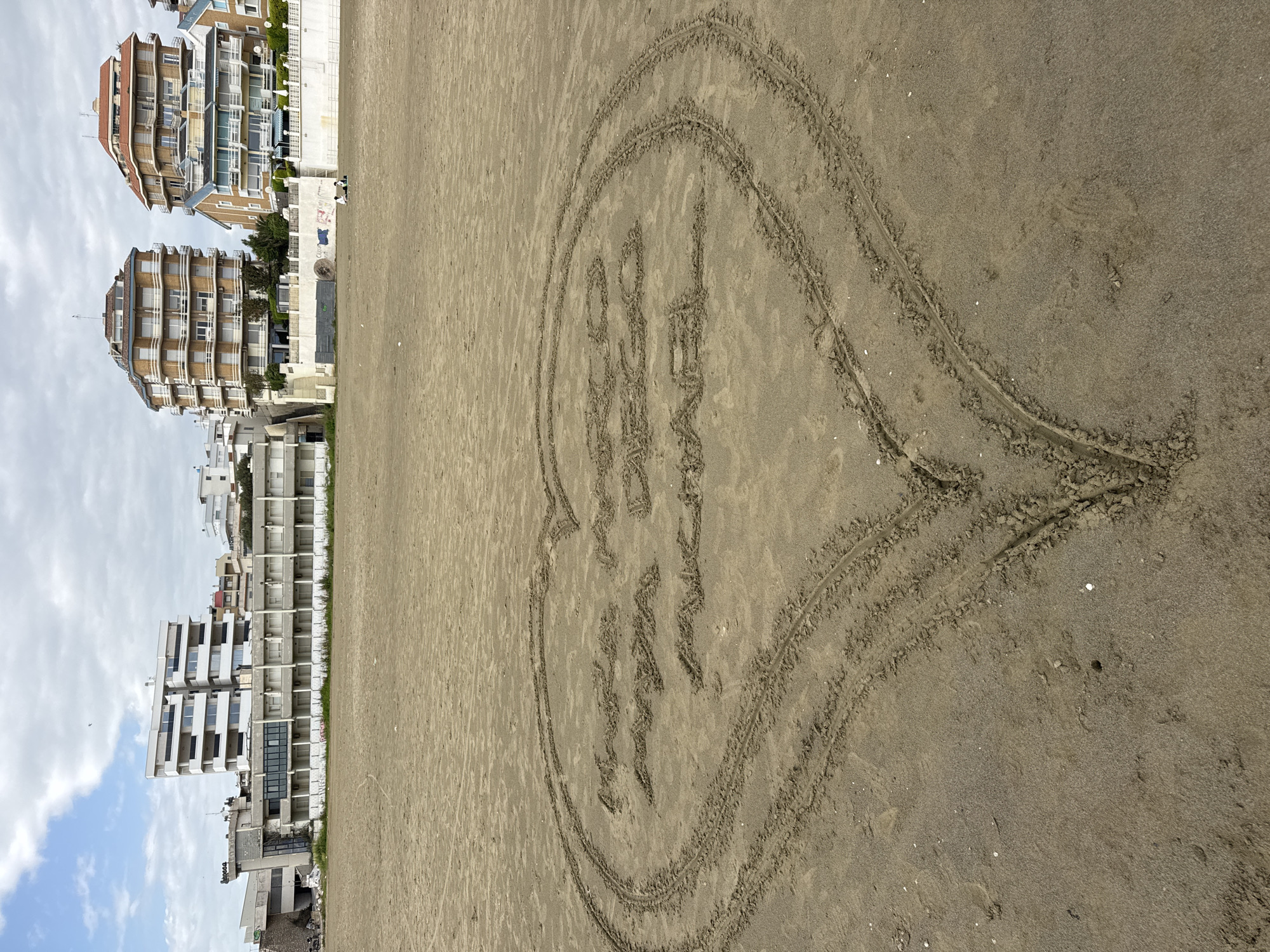 This image, taken on a cloudy day in Nettuno, Italy, captures a wide sandy beach foreground transitioning to a row of multi-story buildings in the background. The buildings, likely apartments or hotels, exhibit a coastal architectural style with numerous balconies.
The main subject is a large drawing etched into the sand in the foreground. It forms the outline of a speech bubble, and within it, the words "FORZA NETTUNO" are clearly inscribed, also in the sand. This phrase, meaning "Go Nettuno" or "Strength Nettuno" in Italian, suggests a message of local encouragement or pride.
The sky is overcast or partly cloudy, indicating daytime conditions with soft, diffused light. The beach appears largely deserted, enhancing the focus on the sand message. Two tiny, indistinct figures can be observed near the base of one of the background buildings.