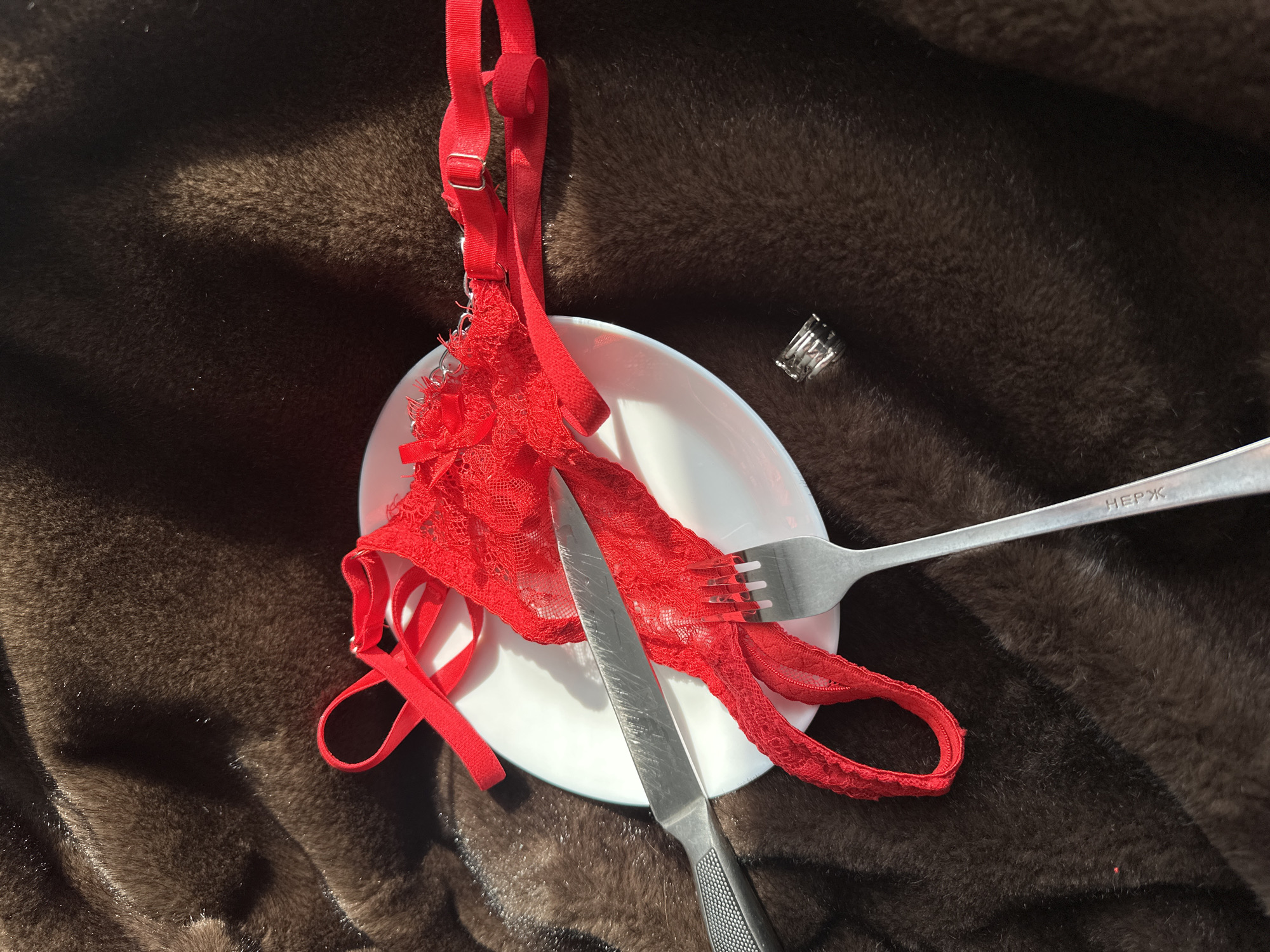 On a brown, textured surface resembling fur, a white plate is centered. On the plate lies a red lace bra and thong set. A silver fork and knife are positioned on top of the plate and lingerie. A small, silver object is situated next to the plate. The word "НЕРЖ" is inscribed on the fork. The location is Chaikovsky, Russia.
