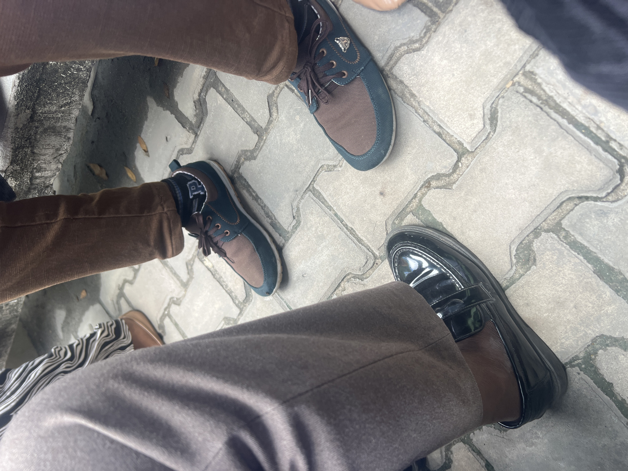 A low-angle, overhead shot captures the legs and feet of at least three individuals on an outdoor paved surface in Dar es-Salaam, Tanzania. The ground consists of interlocking grey concrete pavers, with areas that appear wet or have small puddles, and a few dried leaves scattered across it.
In the foreground, one person wears dark brown trousers and shiny black patent leather loafers. Their right foot and ankle, which are dark-skinned, are prominently visible. To their left, another person wears brown corduroy-like trousers and casual shoes that are a combination of brown and teal with brown laces. A small, silver-colored metallic emblem, resembling a stylized lion's head or crest, is visible on the side of one of these shoes. Their socks, partially exposed, feature a white logo on a dark background that appears to be "JP."
Further in the background, elements of a third person are visible, including grey trousers and a black and white horizontally striped garment (possibly a skirt or wide-leg pants) with a light brown shoe. The natural lighting suggests the image was taken during the daytime. The perspective focuses exclusively on the lower half of the subjects, highlighting their footwear and the textured outdoor environment.