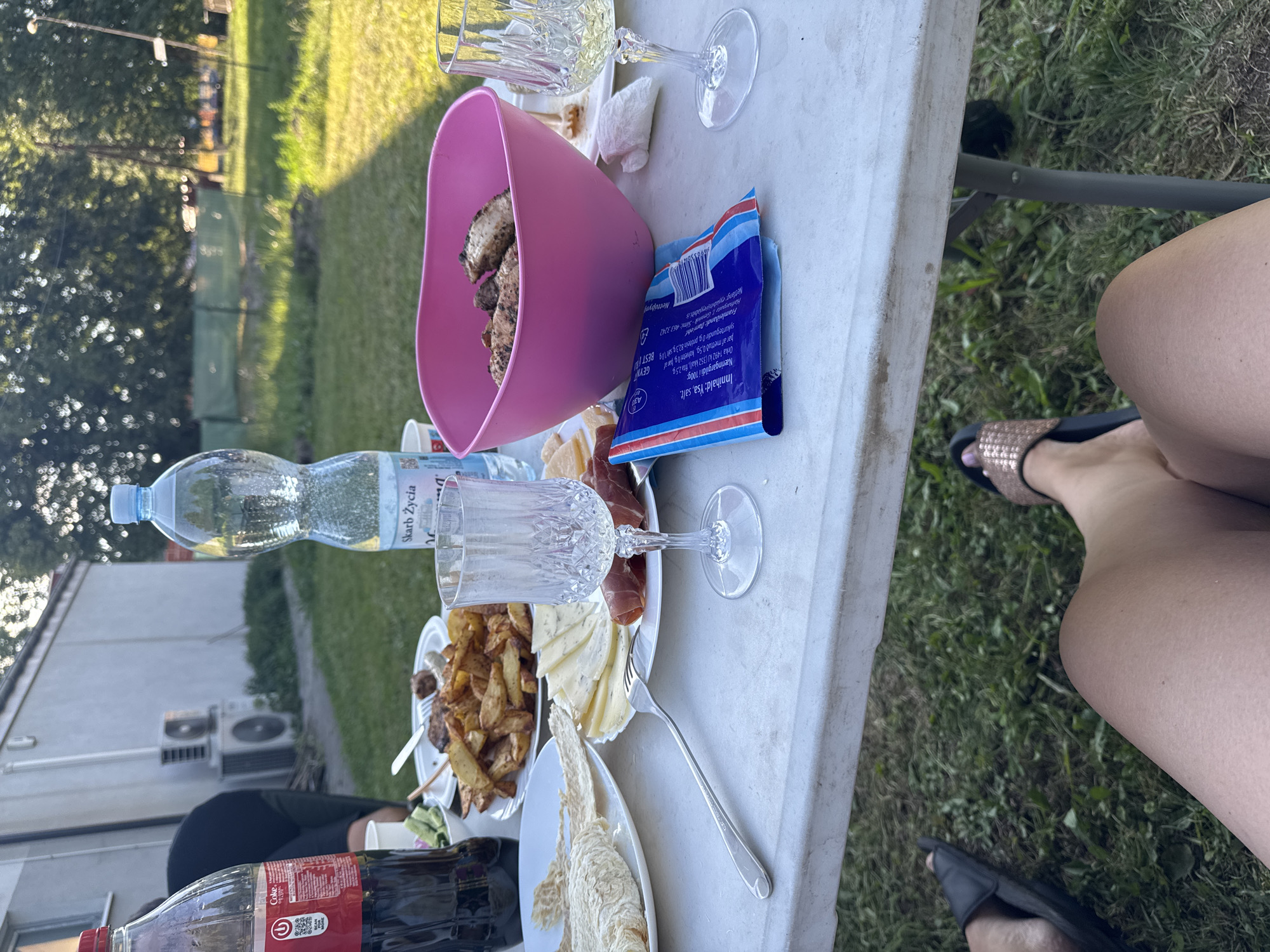 An outdoor gathering takes place in a backyard setting, likely in Katowice, Poland. A white, foldable table is laden with food and drinks. Visible items include a large bottle of Coca-Cola, a bottle of "Skarb Życia" water, plates of food such as fries, sliced cheese, meat, and flatbread, a pink bowl filled with grilled meat, and two crystal wine glasses. One glass contains a pale yellow liquid. A blue and red packaged item, possibly a snack, lies on the table next to the pink bowl. Two pairs of feet are visible at the bottom of the frame, one wearing black slides and the other a sparkly sandal, suggesting people are seated at the table. The background shows a building with an outdoor air conditioning unit, lush green grass, and trees, indicating a sunny, warm day. The overall scene depicts a casual outdoor meal or barbecue.