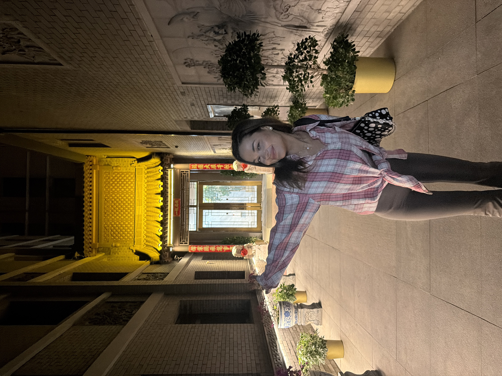 A young woman is standing at an angle in an alleyway in Dongcheng District, China. The alleyway is lined with brick buildings adorned with plants and traditional Chinese design elements. The scene is illuminated by artificial lighting. The woman is wearing a plaid shirt, dark pants, and a small bag. She is looking at the camera.