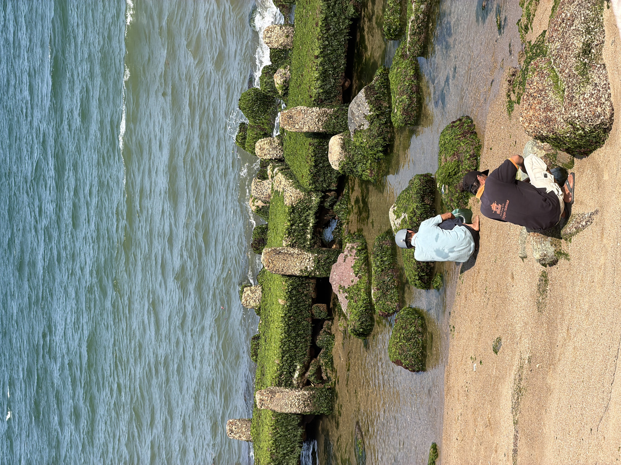 Two people are on a beach alongside a body of water. One person wears a black shirt with orange writing and tan shorts, and kneels next to the water. The other person wears a light blue shirt, white pants, and a grey hat and kneels close to the water. The water has small waves. A long, mossy concrete barrier runs between the water and the beach. The sand is tan. The city of Nha Trang Ward, Vietnam, is the possible location.