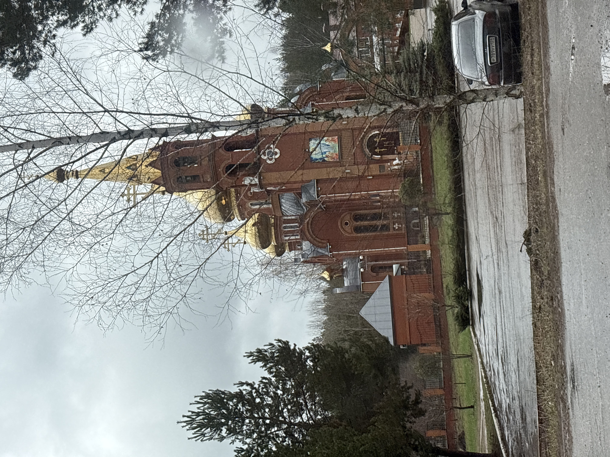The media file captures an outdoor scene in Chaikovsky, Russia, dominated by a large, ornate brick Orthodox church or cathedral. The church features multiple golden onion domes, some topped with crosses, and intricate architectural details including arched windows and decorative patterns. A religious icon or mural depicting what appears to be Mary and child is visible on one of the church's facades.
In the foreground, a prominent birch tree with bare branches partially obscures the view of the church, indicating a season like late autumn, winter, or early spring. Other bare deciduous trees and some evergreen conifers are also present in the scene, both in the foreground and background.
To the right of the church, a dark sedan is parked on the side of a wet asphalt road. The license plate "P 789 УУ 252" is clearly visible on the rear of the car. The road surface appears damp, suggesting recent rain or high humidity. A grassy verge separates the road from a fence and other smaller brick buildings that are part of the church complex or adjacent properties.
The sky is overcast and uniformly gray, casting a soft, diffused light over the scene. There are no people visible, and no specific activity or event is taking place, presenting a quiet, somewhat somber atmosphere. The time of day is daytime, likely late morning or afternoon given the light.