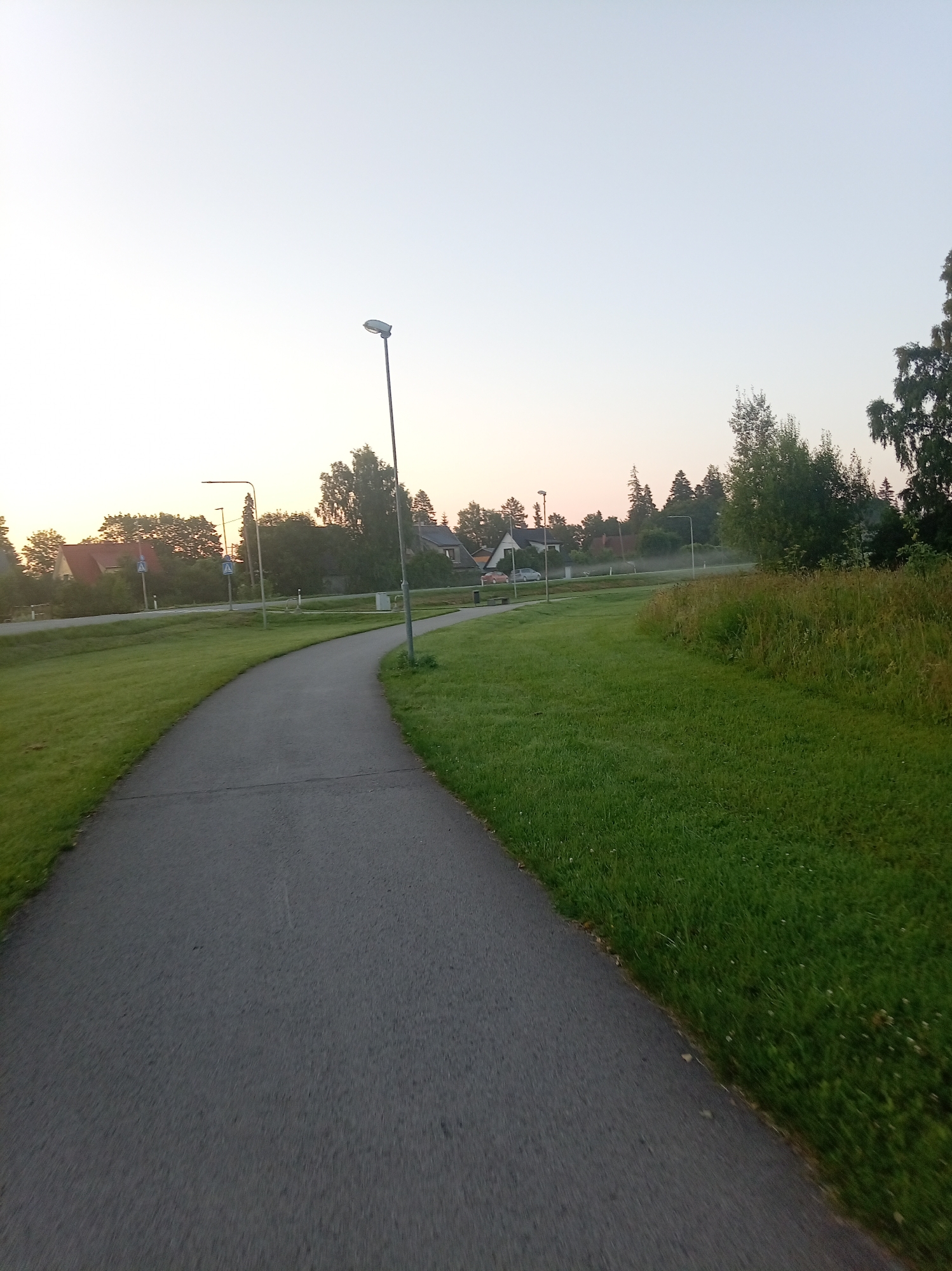 The image depicts a paved pathway curving through a grassy area in the city of Tapa, Estonia. The pathway is on the left side of the frame, and a vibrant green lawn stretches out to the right, bordered by a dense line of trees and shrubs. In the background, residential buildings with red roofs are visible, interspersed with more trees. A lamppost stands along the pathway, and other lampposts and traffic signs are present in the distance. The sky is clear and pale, suggesting either early morning or late evening light. There are no people or animals visible in the image, and no discernable actions or interactions are taking place. The overall environment appears to be a park or a residential area with well-maintained green spaces.