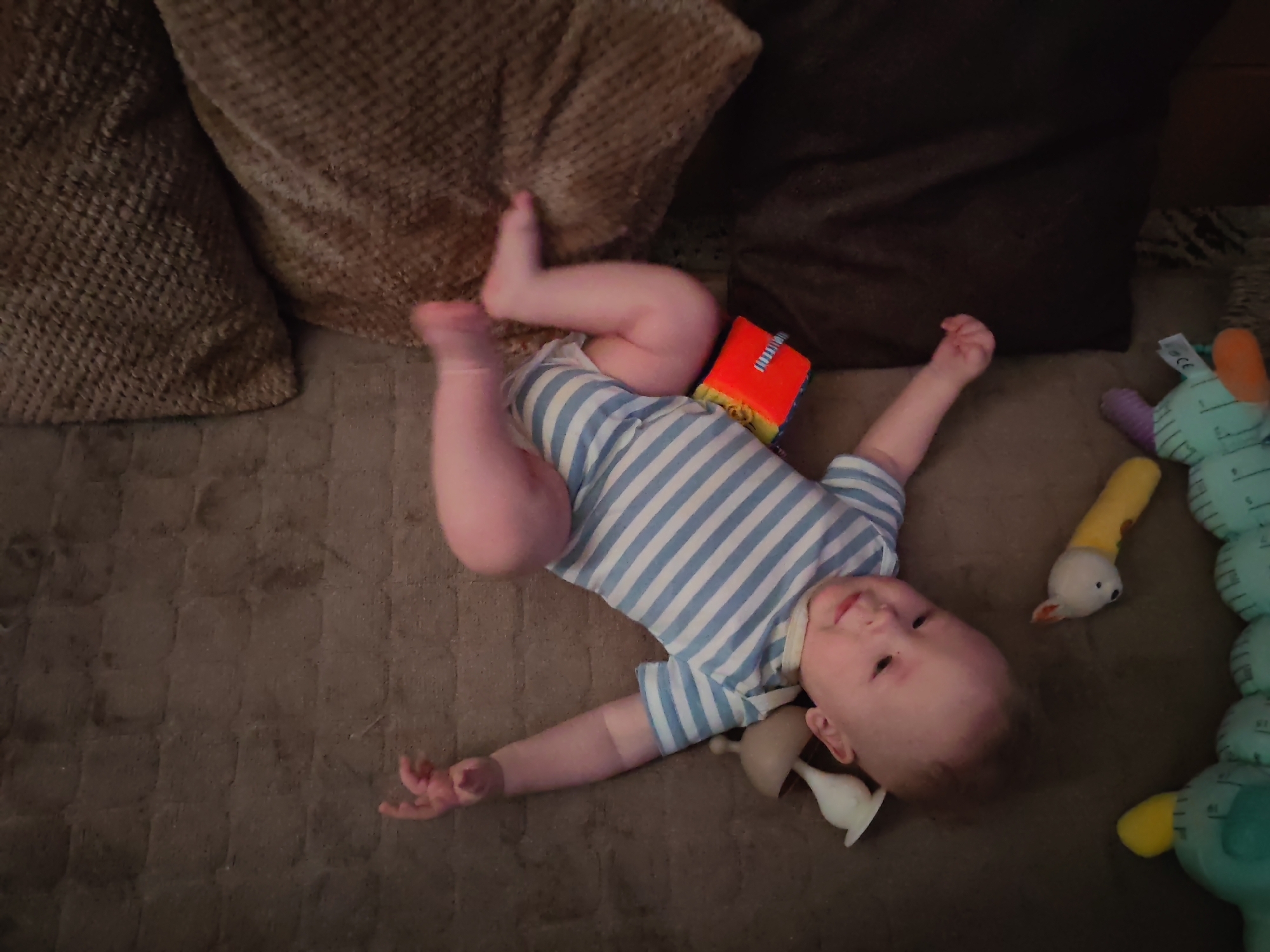 A baby is lying on its back on a brown carpeted floor. The baby is wearing a blue and white striped onesie. To the left of the baby are two brown textured pillows. To the right of the baby are several stuffed toys, including a caterpillar toy. The baby appears to be looking up and to the right. There are no discernible features indicating the location within the city of Mezhdurechensk, Russia.