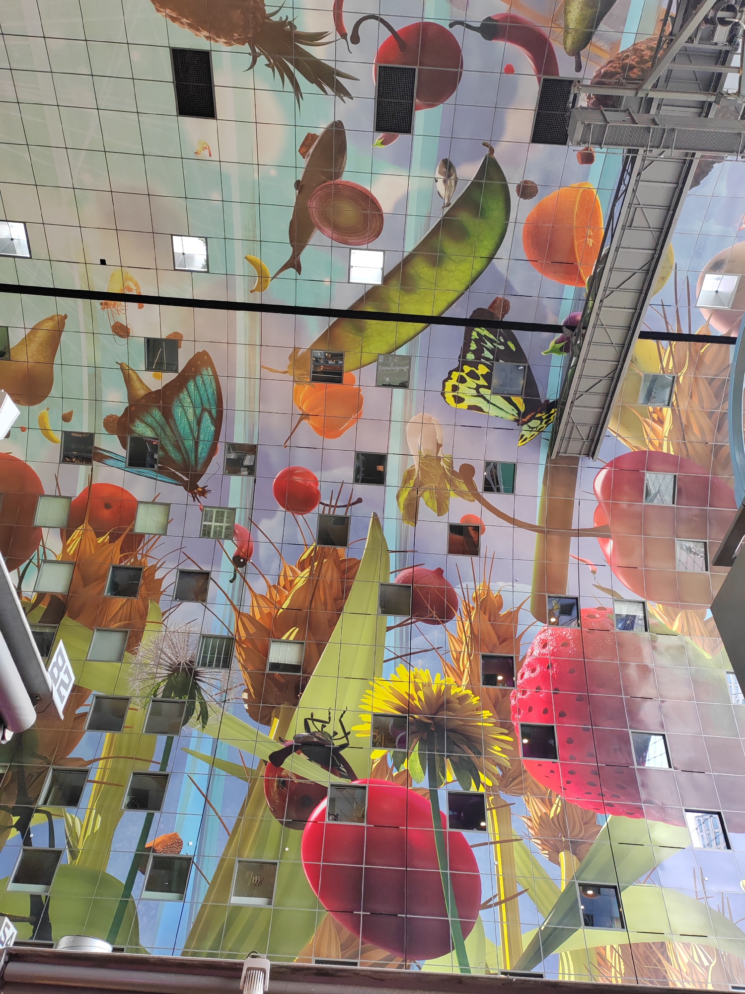 This image depicts the ceiling artwork of the Markthal in Rotterdam, Netherlands. The artwork is a massive, colorful mural featuring oversized fruits, vegetables, and insects against a sky-blue background with clouds. The mural is divided into a grid pattern by the architecture of the ceiling. Prominent elements include a large pineapple at the top, a giant green bean, an orange slice, various butterflies, a dragonfly, strawberries, apples, and a dandelion. The ceiling also incorporates square windows or skylights that reflect the surrounding environment. The perspective is looking directly upwards at the ceiling.