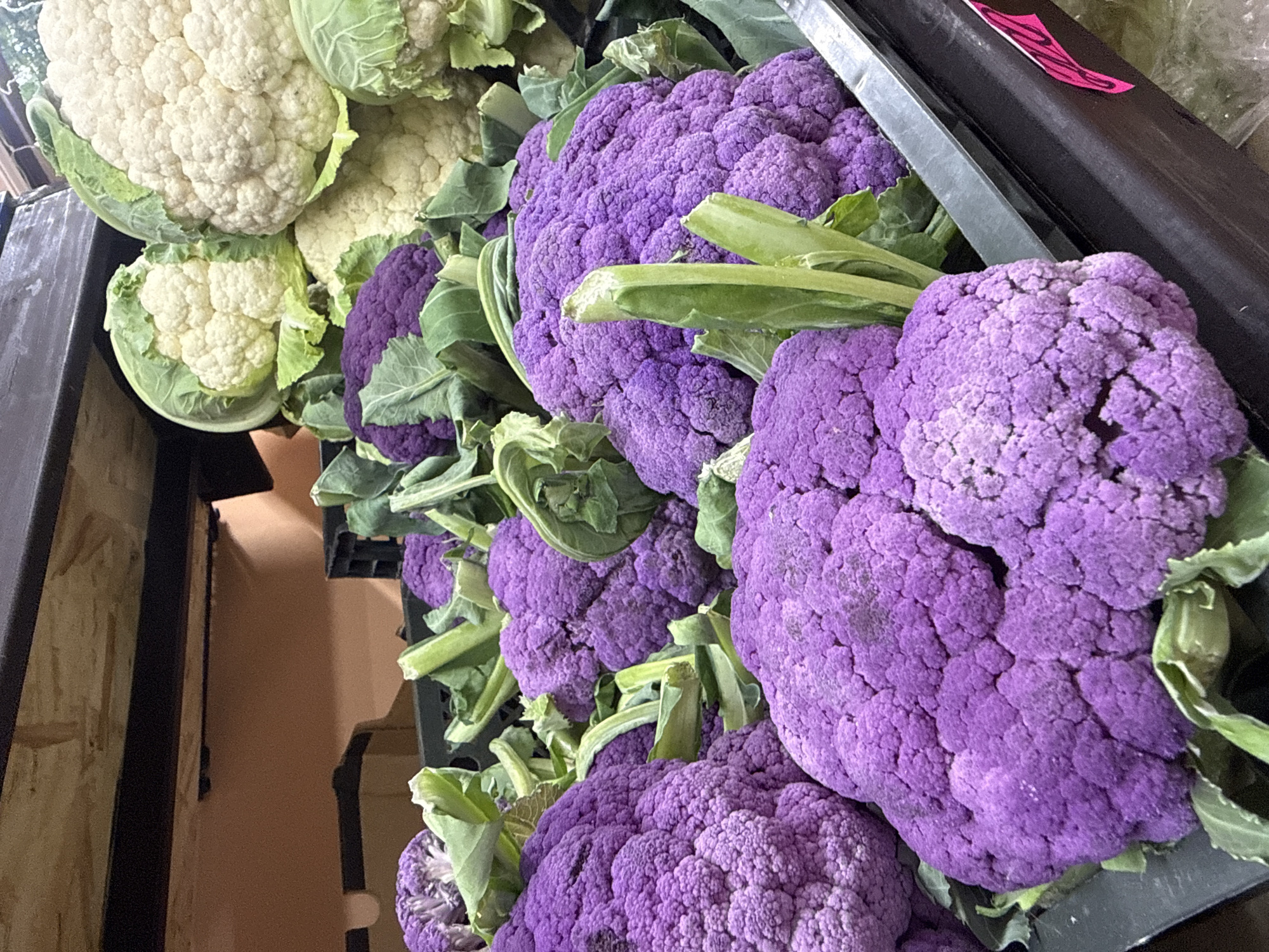 The image shows a close-up of two types of cauliflower: white and purple. The white cauliflower is located on the left side of the image, while the purple cauliflower occupies the right side and center. The cauliflower heads are surrounded by green leaves. The items are contained in black and silver containers, likely for transport or display. The exact location is Unknown, Unknown, but the scene suggests a market or produce distribution center. No people are visible in the image.