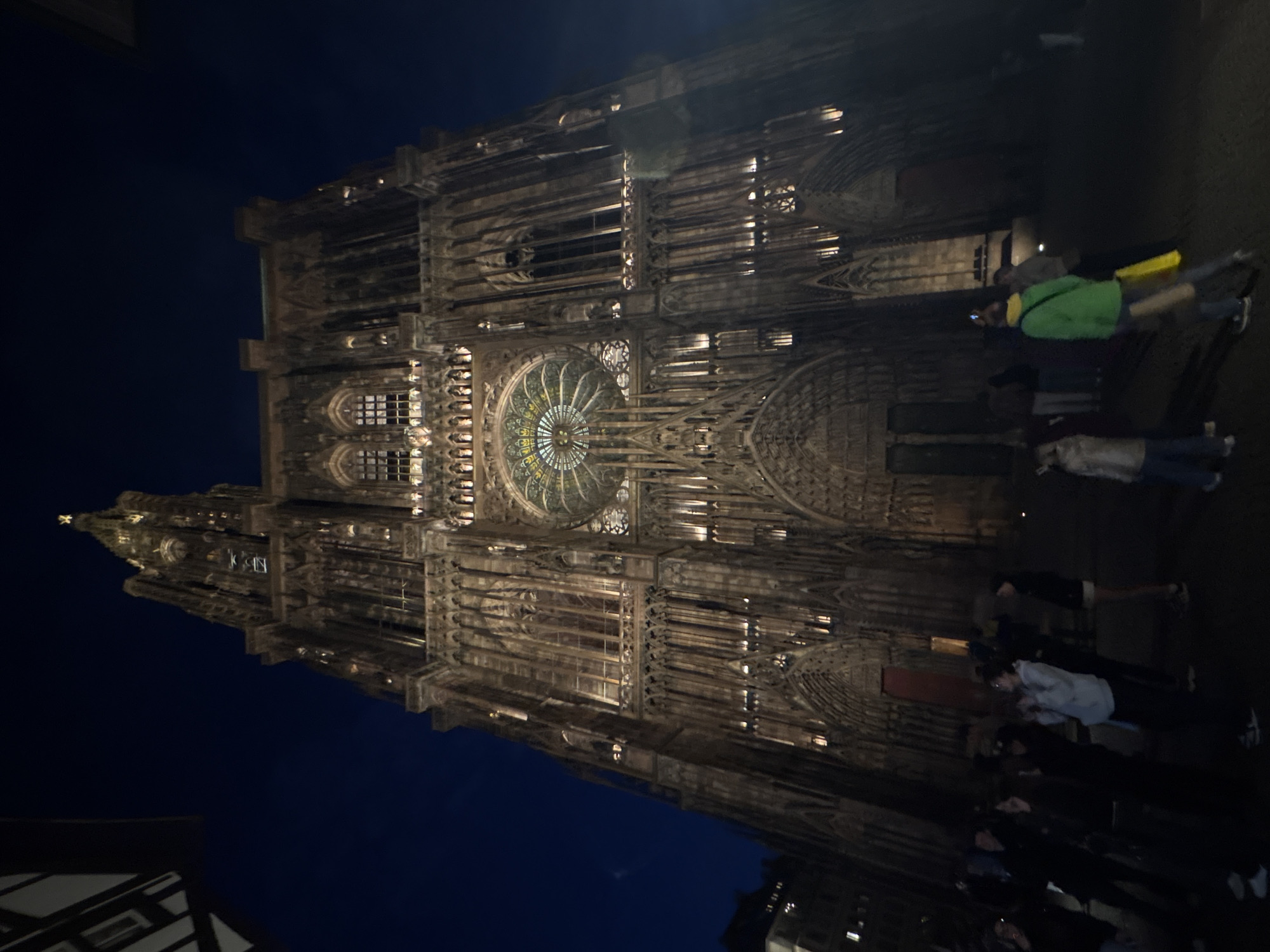 The image is a nighttime shot of Strasbourg Cathedral in Strasbourg, France. The cathedral's facade is brightly lit, revealing its intricate Gothic details, including the rose window. A group of people is standing in front of the cathedral, including one person wearing a green jacket. The sky is dark blue. A building is visible in the bottom left corner.