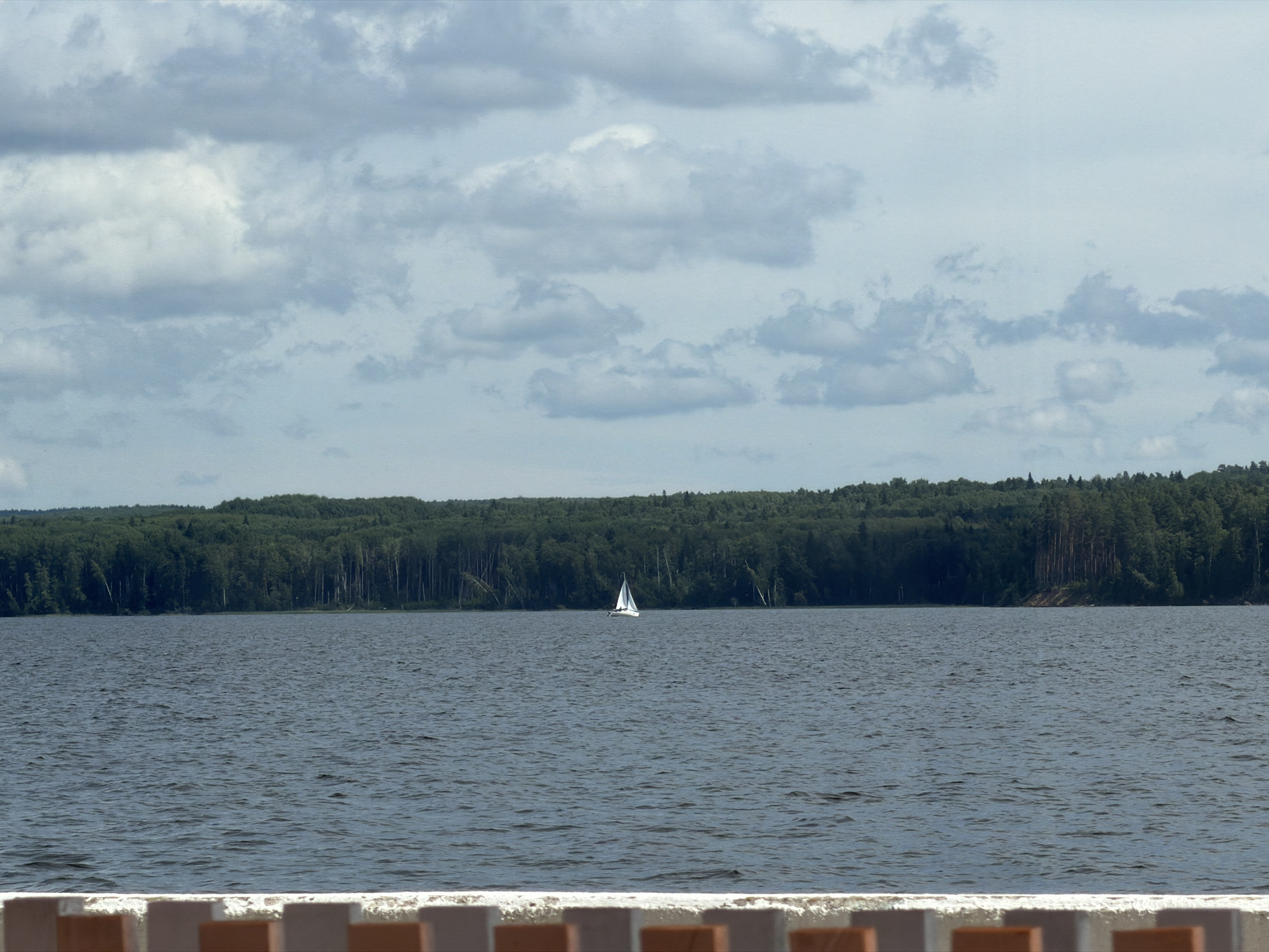 A sailboat with white sails is pictured on a vast body of dark water, moving from right to left. In the background, a dense, dark green forest lines the horizon. Above the forest, a pale blue sky is filled with numerous fluffy white and grey clouds. In the foreground, the top of a white and orange fence is visible, partially obstructing the view of the water. The scene appears to be located on the Kama River in the city of Chaikovsky, Russia, given the prominent forest and river characteristic of the area.