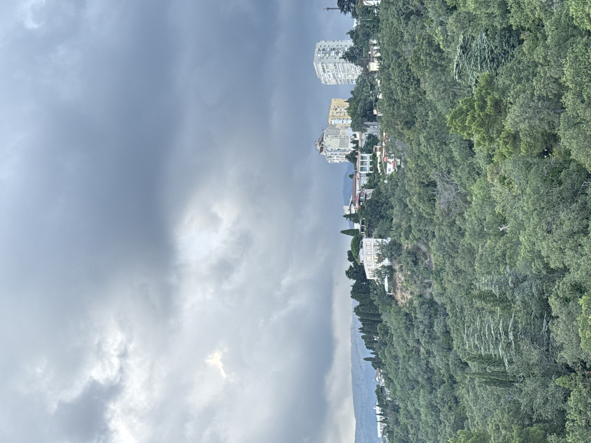 The image depicts a cityscape and surrounding natural environment, likely taken from an elevated vantage point. In the foreground and midground, a dense, verdant forest covers rolling hills. Various types of trees, including coniferous and deciduous species, are visible, creating a textured green canopy.
Nestled amongst the trees and along the slopes are residential buildings and larger structures. There are several multi-story apartment buildings, some appearing modern and light-colored, while others are older, with more muted tones and varied architectural styles. Smaller, white houses with traditional designs are also scattered throughout the landscape. The buildings are situated on inclines, suggesting a hilly terrain.
In the background, a mountain range stretches across the horizon, its contours softened by distance and atmospheric conditions. The sky above is filled with heavy, dark clouds, indicating overcast weather or an impending storm. A patch of brighter light breaks through the clouds in the upper left quadrant of the image. A cell tower can be seen to the right of the frame. The scene is devoid of any visible people. The overall impression is one of a coastal city or town integrated into a lush, mountainous landscape, under a dramatic sky.